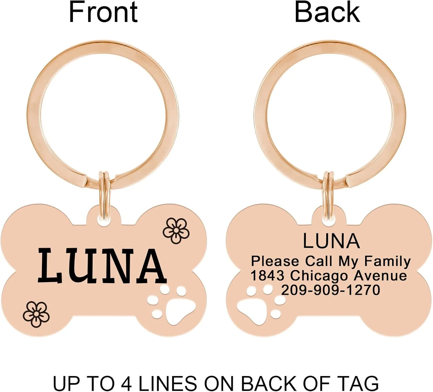 2 Pack Personalized Pet ID Tags, Stainless Steel Dog Tags,Custom Bone&Hollowed Paw Shaped Engraved Dog Name, Label, Address & Phone, Customizable on Both Sides (Medium, Rose Gold)
