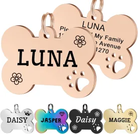2 Pack Personalized Pet ID Tags, Stainless Steel Dog Tags,Custom Bone&Hollowed Paw Shaped Engraved Dog Name, Label, Address & Phone, Customizable on Both Sides (Medium, Rose Gold)