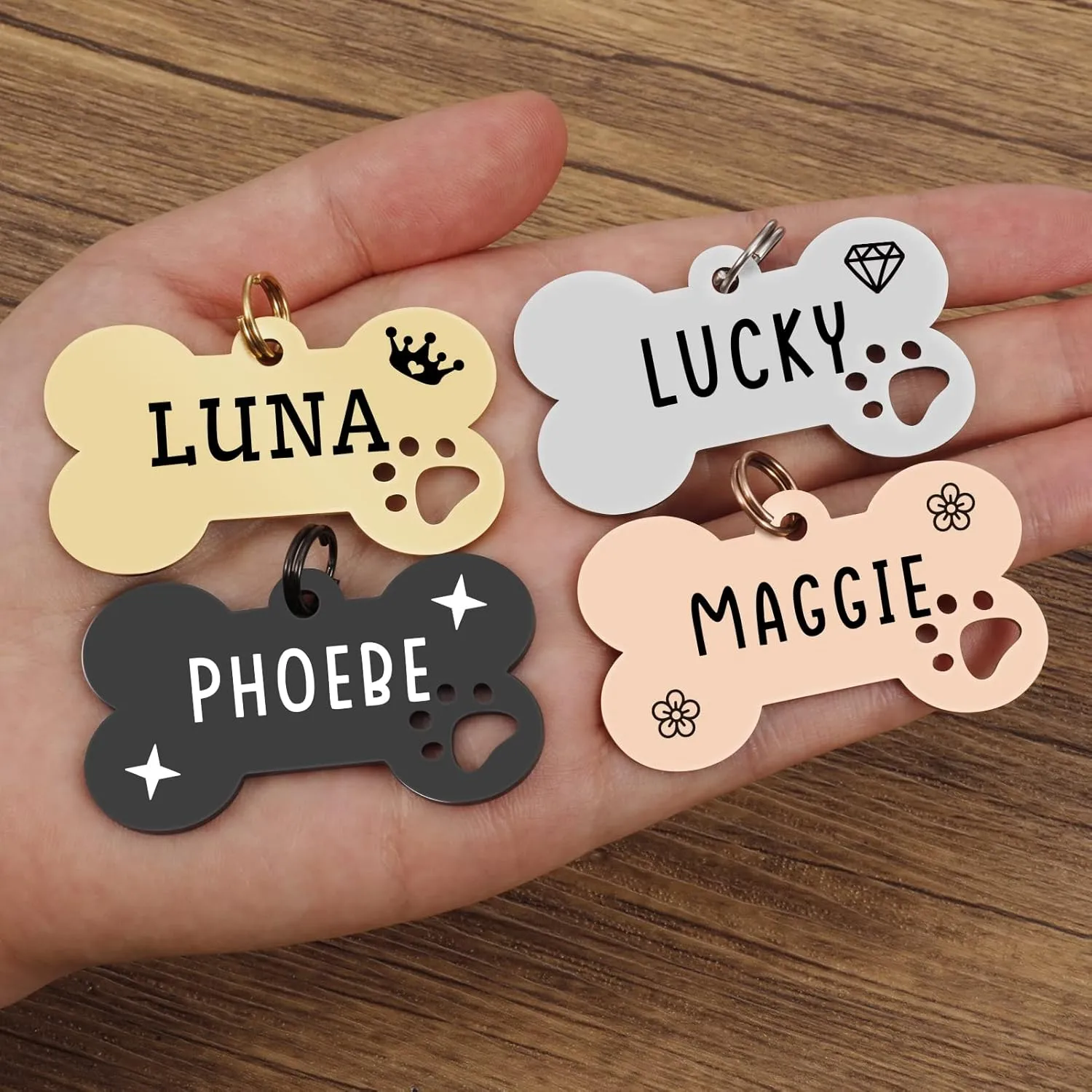 2 Pack Personalized Pet ID Tags, Stainless Steel Dog Tags,Custom Bone&Hollowed Paw Shaped Engraved Dog Name, Label, Address & Phone, Customizable on Both Sides (Medium, Rose Gold)