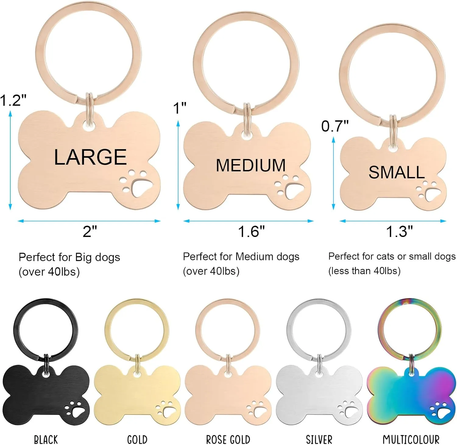 2 Pack Personalized Pet ID Tags, Stainless Steel Dog Tags,Custom Bone&Hollowed Paw Shaped Engraved Dog Name, Label, Address & Phone, Customizable on Both Sides (Medium, Rose Gold)