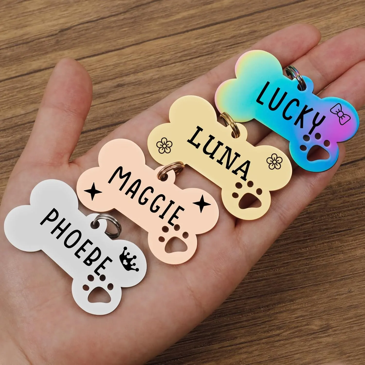 2 Pack Personalized Pet ID Tags, Stainless Steel Dog Tags,Custom Bone&Hollowed Paw Shaped Engraved Dog Name, Label, Address & Phone, Customizable on Both Sides (Medium, Rose Gold)