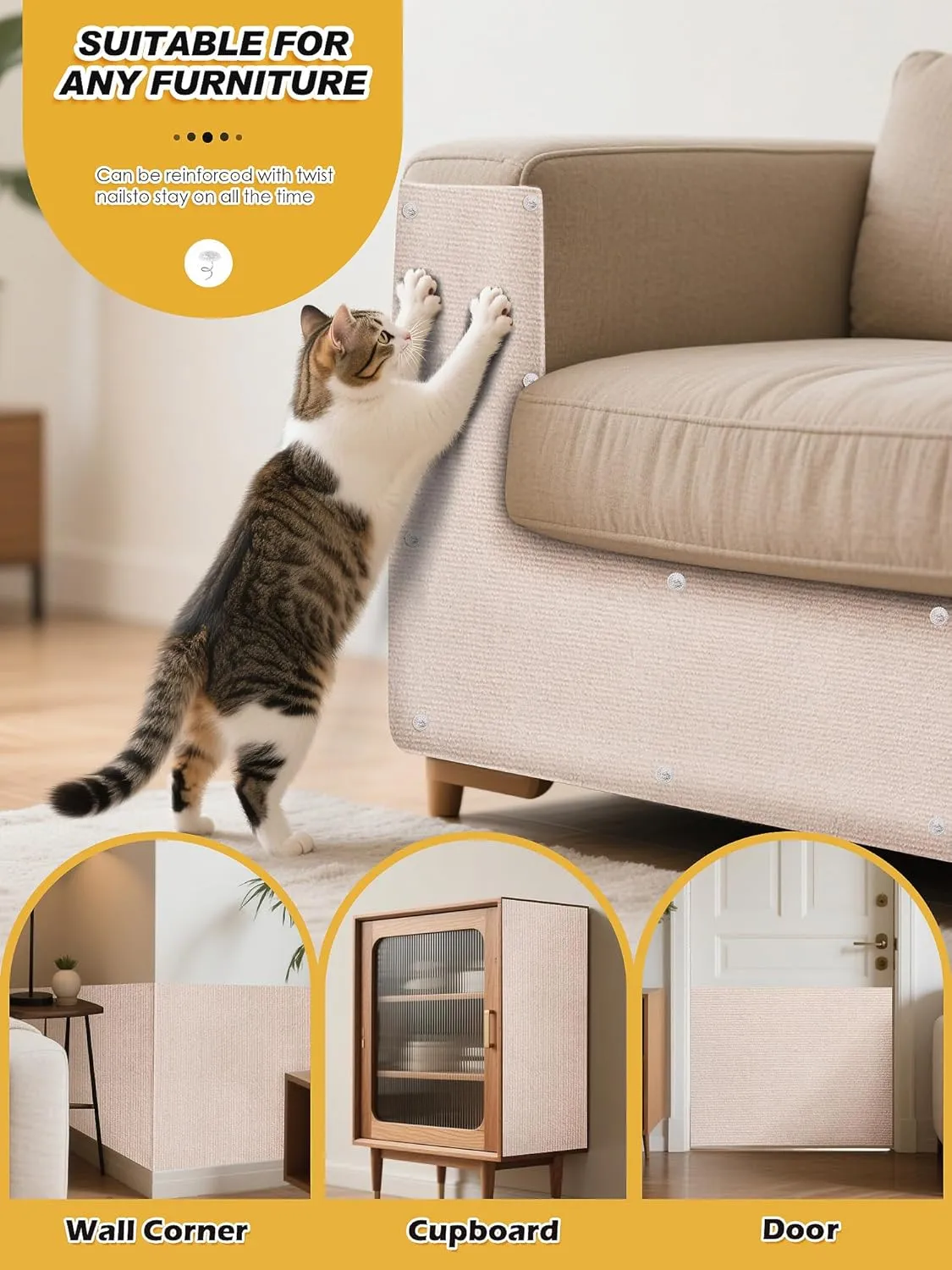 2PCS 39.4"x15.8" Cat Scratch Mat, Trimmable Self-Adhesive Carpet, DIY Climb Cat Scratcher for Furniture Couch or Wall Protector, Covering Cat Scratching Post Replacement Pads (Beige)