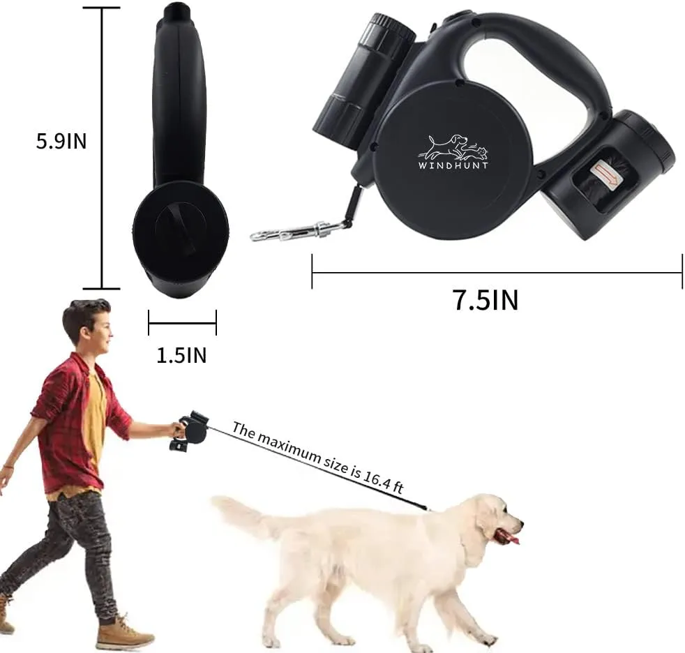 360 Tangle-Free Retractable Dog Leash with Flashlight, Dispenser and Poop Bag Heavy-Duty Nylon Tape for Small, Medium Dogs and Cats One-Handed Brake and Lock, Black