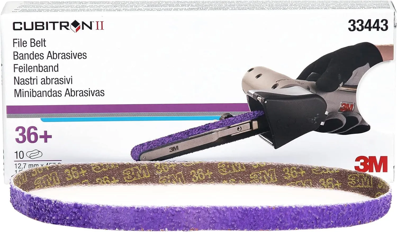 3M Cubitron II File Belt, 33443, 36  Grit, 1/2 in x 18 in, Pack of 10 File Belts, Resin Bonded, Spot Weld Removal