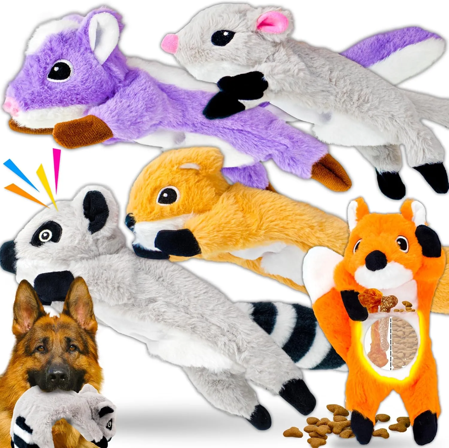 5-Pack No Stuffing Dog Squeaky Toys, Plush Crinkle Dog Chew Toys Bundle w/Treat Hidden Pocket for Large Medium Small Dogs Puppy Aggressive Chewers Teething, Boredom Buster to Keep Them Busy