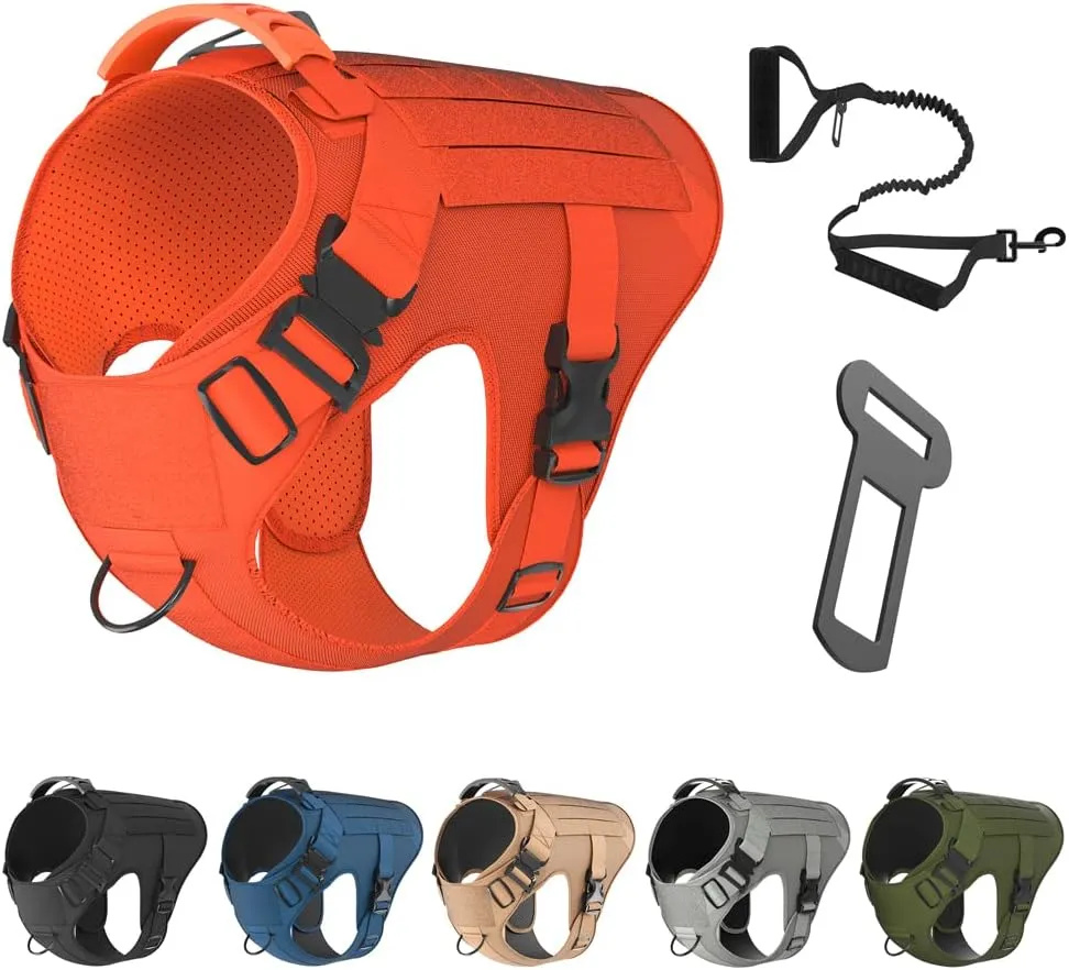 Adjustable Tactical Dog Harness & Leash Set - No-Pull MOLLE Vest with Handle, Front Leash Clip, Hook & Patch - Perfect for Small to Large Dogs (S: Neck 14"-18", Chest 22"-27"), Safety Orange