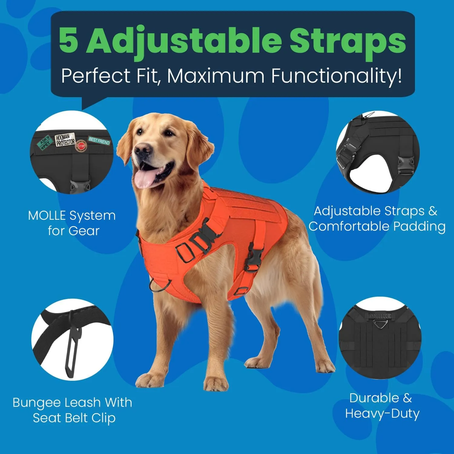 Adjustable Tactical Dog Harness & Leash Set - No-Pull MOLLE Vest with Handle, Front Leash Clip, Hook & Patch - Perfect for Small to Large Dogs (S: Neck 14"-18", Chest 22"-27"), Safety Orange