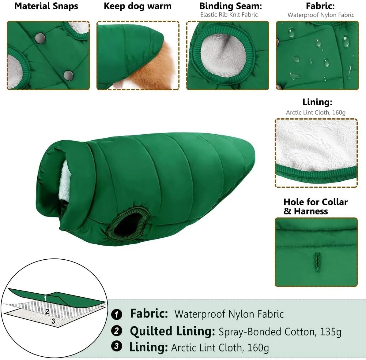 ASENKU Windproof Winter Coat - Waterproof Jacket, Warm Vest for Dogs, Cold Weather Pet Apparel With 2 Layers Fleece Lined for Small Medium Large Dogs (XS, Green)