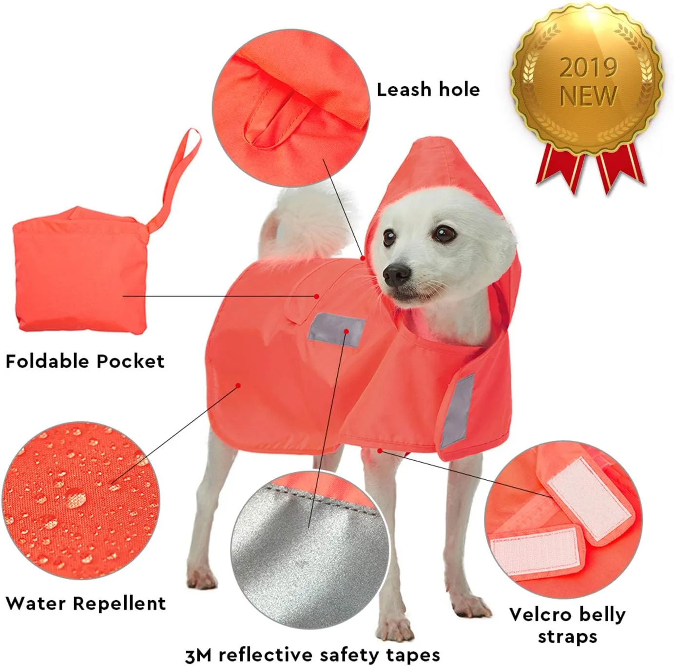 Blueberry Pet 4 Colors 12" Lightweight Packable Hooded Dog Rain Poncho with 3M Reflective Safety Tapes in Bright Orange, Pack of 1 Outdoor Rain Jacket for Dogs