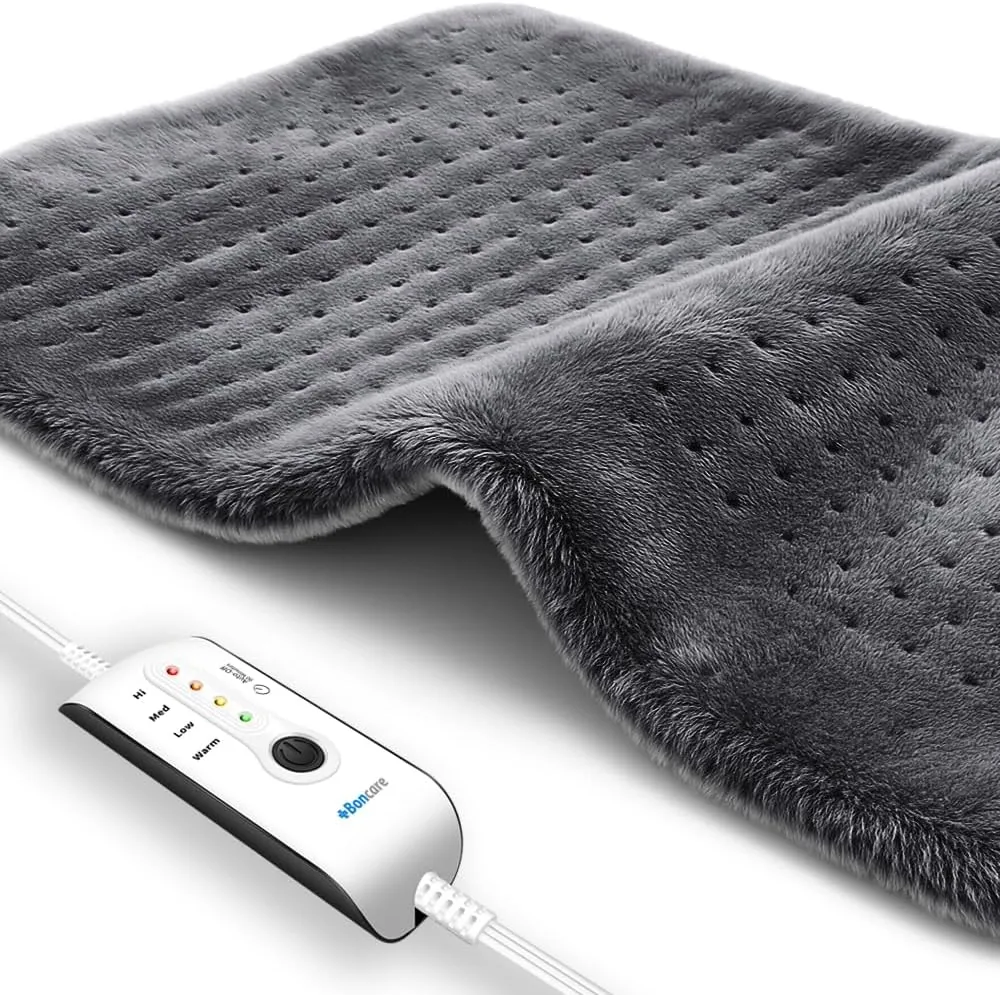 Boncare Large Heating Pad for Back Pain Relief and Cramps with Auto Shut Off & 4 Temperature Settings, Fast Heat up Instant Comfort and Ultra Soft Velvet Plush Machine Washable (Gray, 12"x24")