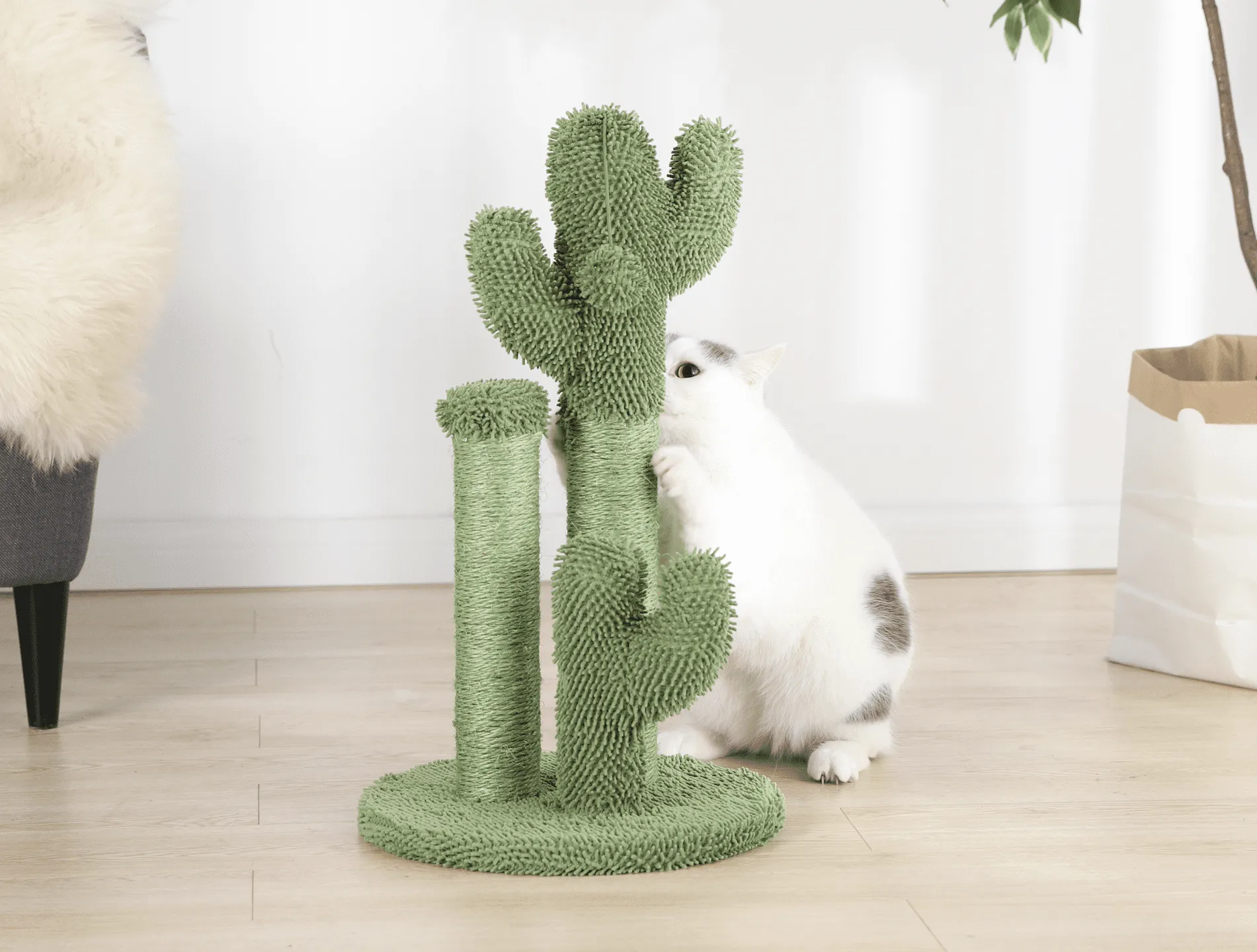 Cactus 3-Arm Chenille, Sisal & Jute Cat Scratching Post with Cat Toy