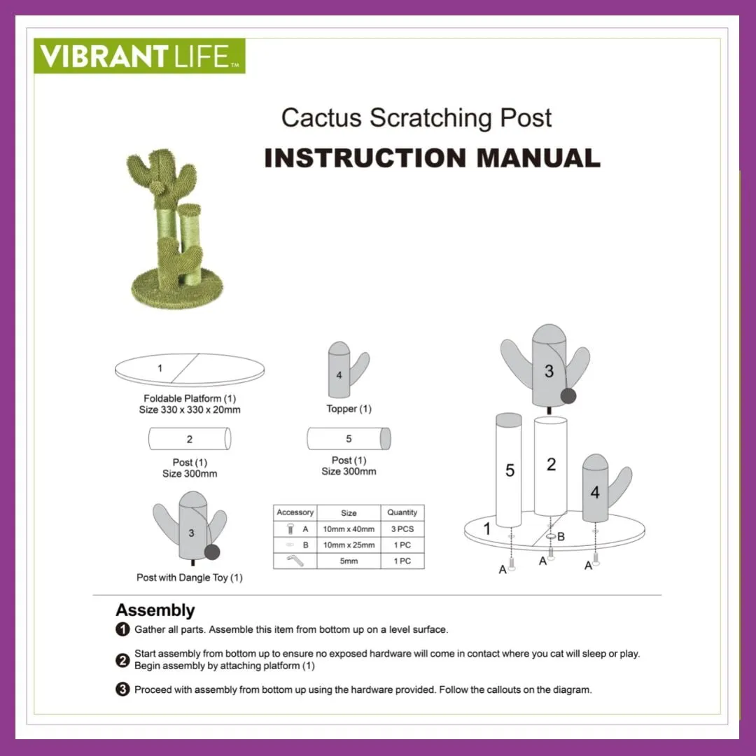 Cactus 3-Arm Chenille, Sisal & Jute Cat Scratching Post with Cat Toy