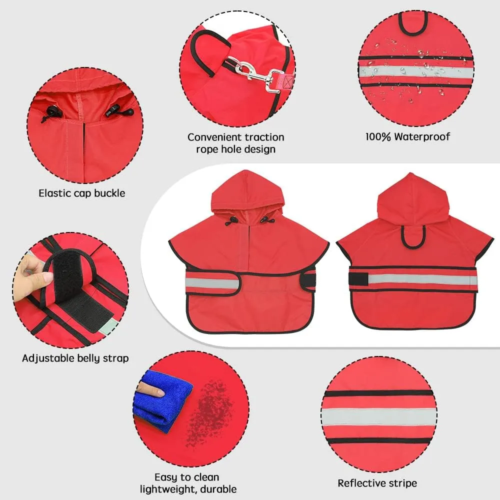 Candofly Dog Raincoat Hooded Poncho - Adjustable Waterproof Dog Rain Jacket Lightweight Reflective Dog Rain Coat Pet Slicker for Small Medium Large Dogs (Small, Bright Red)