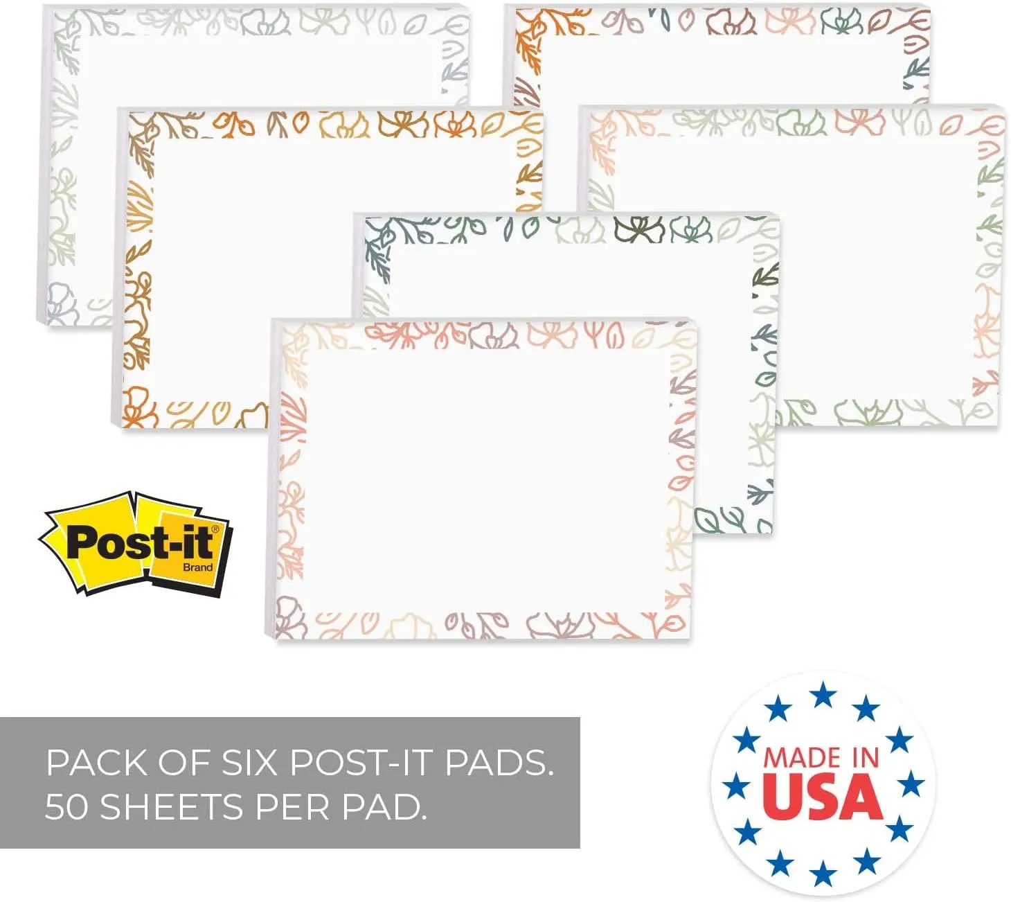 Decorative Floral Border Sticky Note Pad Set / 4" x 3" Botanical Sticky Notes / 50 Sheets Per Pad/Set of 6 Flowery Designs/Made in USA