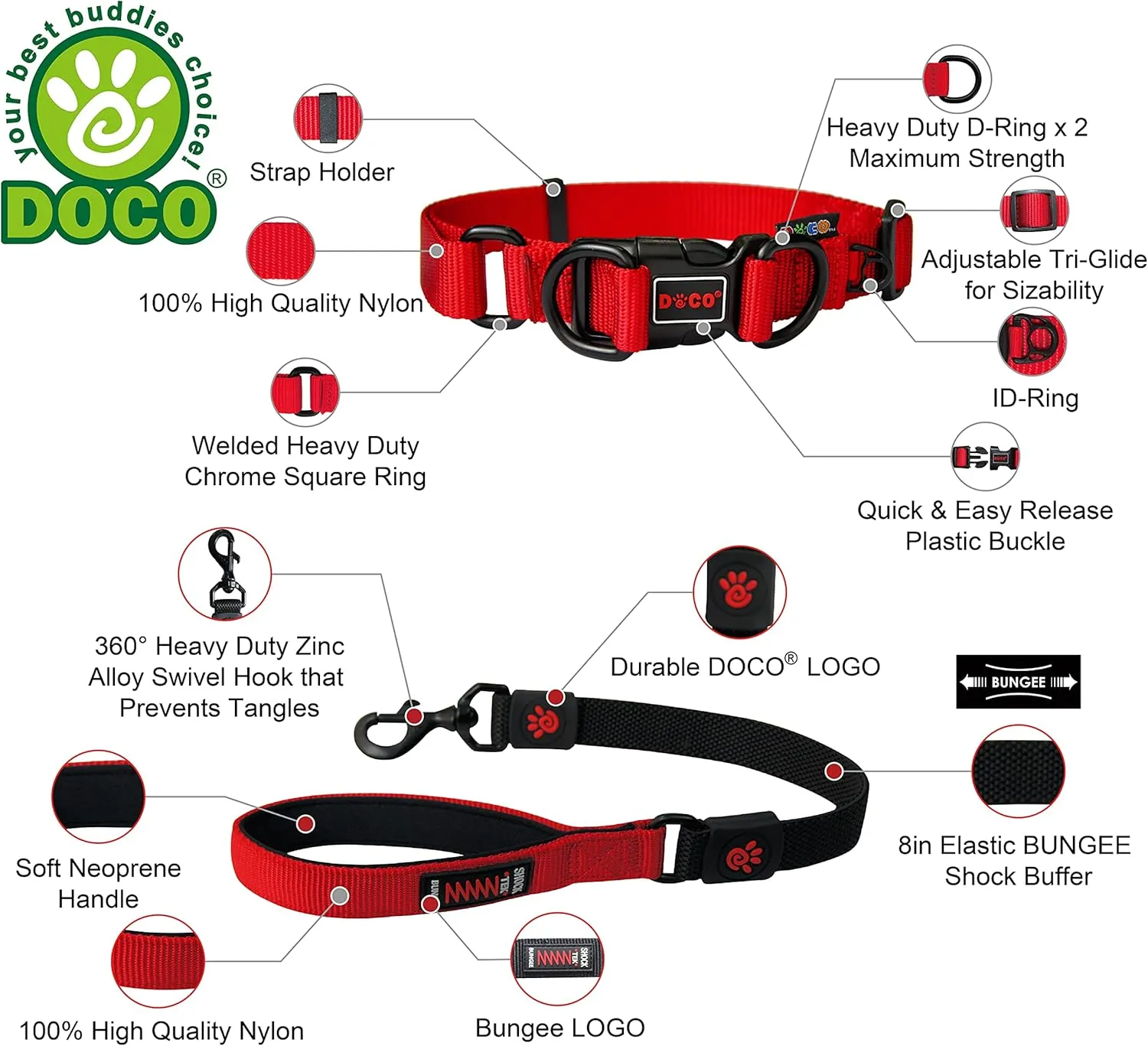 DOCO Heavy Duty Adjustable Nylon Dog Collar with Double D-Rings and Shock Absorbing Short Traffic Bungee Leash 22 with Neoprene Handle - Collar and Leash Set for Large and X-Large Dogs