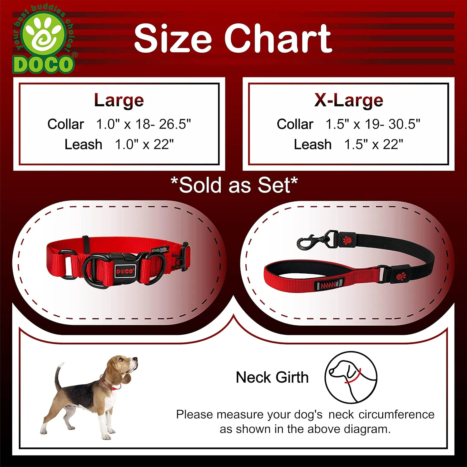 DOCO Heavy Duty Adjustable Nylon Dog Collar with Double D-Rings and Shock Absorbing Short Traffic Bungee Leash 22 with Neoprene Handle - Collar and Leash Set for Large and X-Large Dogs