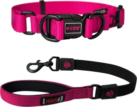 DOCO Heavy Duty Adjustable Nylon Dog Collar with Double D-Rings and Shock Absorbing Short Traffic Bungee Leash 22 with Neoprene Handle - Collar and Leash Set for Large and X-Large Dogs