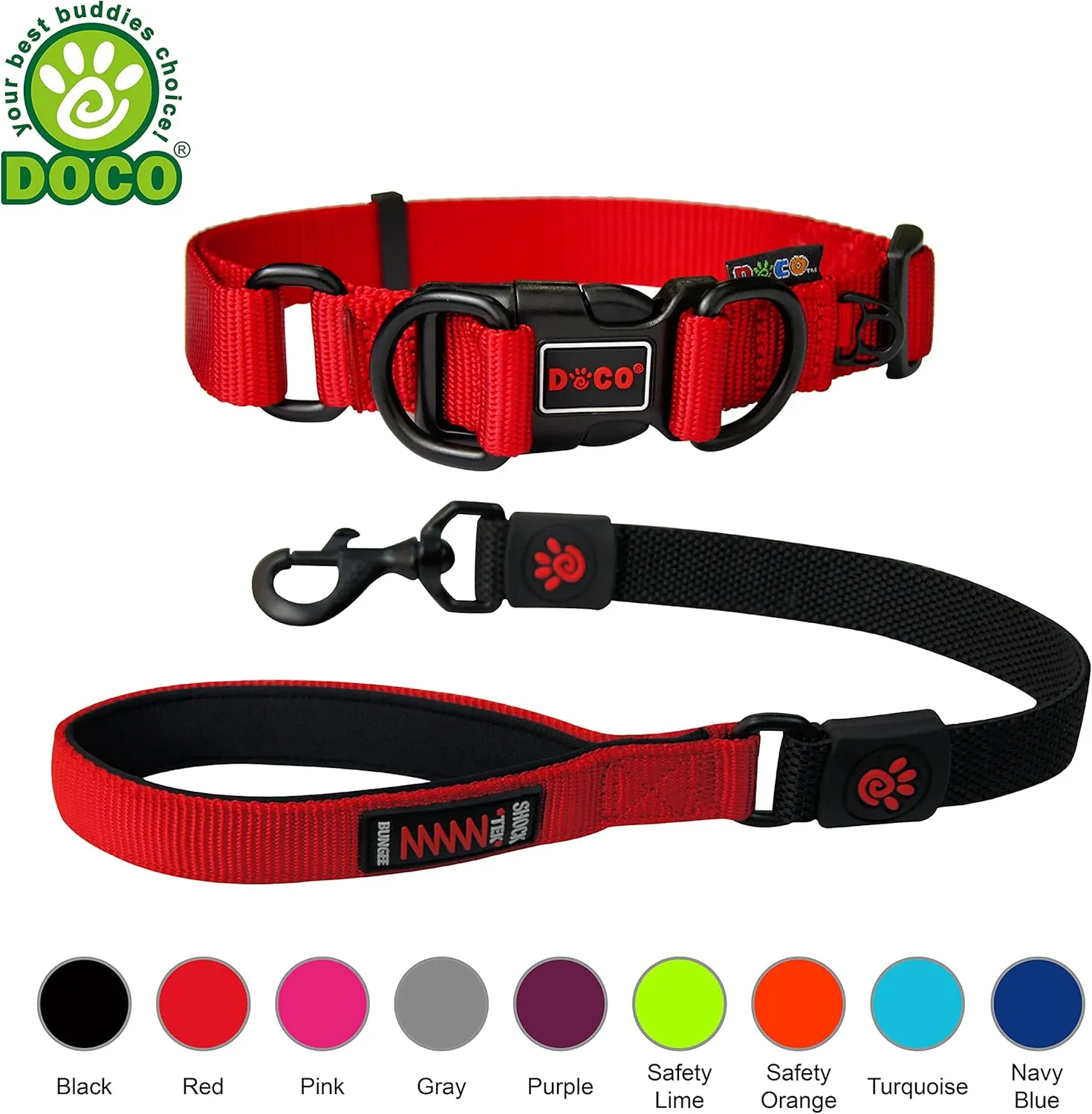 DOCO Heavy Duty Adjustable Nylon Dog Collar with Double D-Rings and Shock Absorbing Short Traffic Bungee Leash 22 with Neoprene Handle - Collar and Leash Set for Large and X-Large Dogs