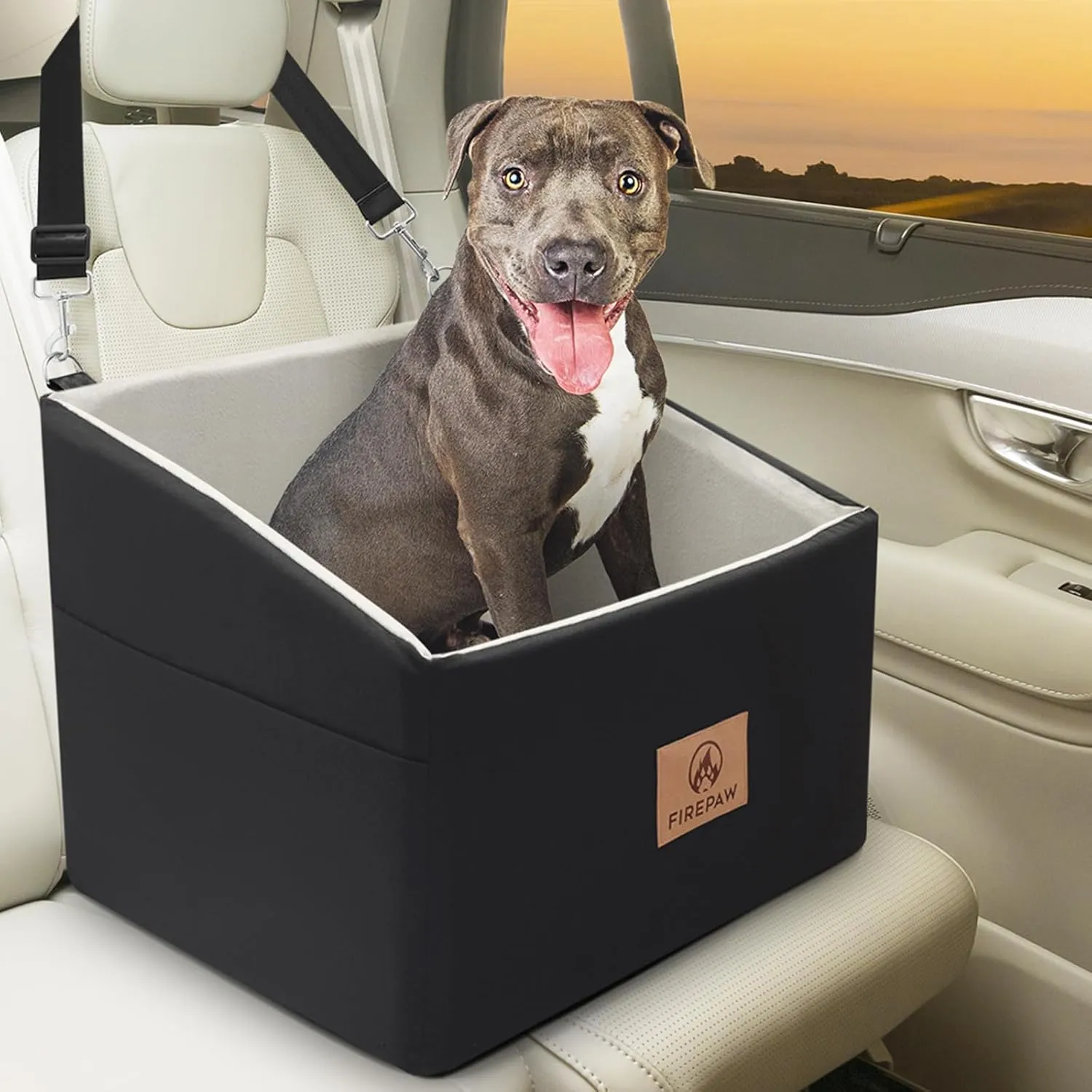 Dog Car Seat for Medium Dogs 35lbs, Booster With Storage Pockets and Safety Belt, Detachable and Washable Travel Bed, Black Elevated Pet Seat
