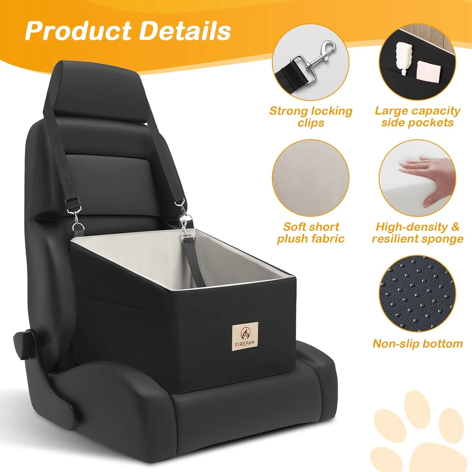 Dog Car Seat for Medium Dogs 35lbs, Booster With Storage Pockets and Safety Belt, Detachable and Washable Travel Bed, Black Elevated Pet Seat