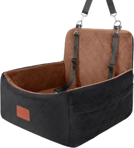 Dog Car Seat for Small Dogs, Ultra Soft Fabric & Memory Foam Pet Travel Bed, Washable & Detachable, Anti-Slip Bottom, 2 Storage Pockets, Safety Tether (Black/Brown)