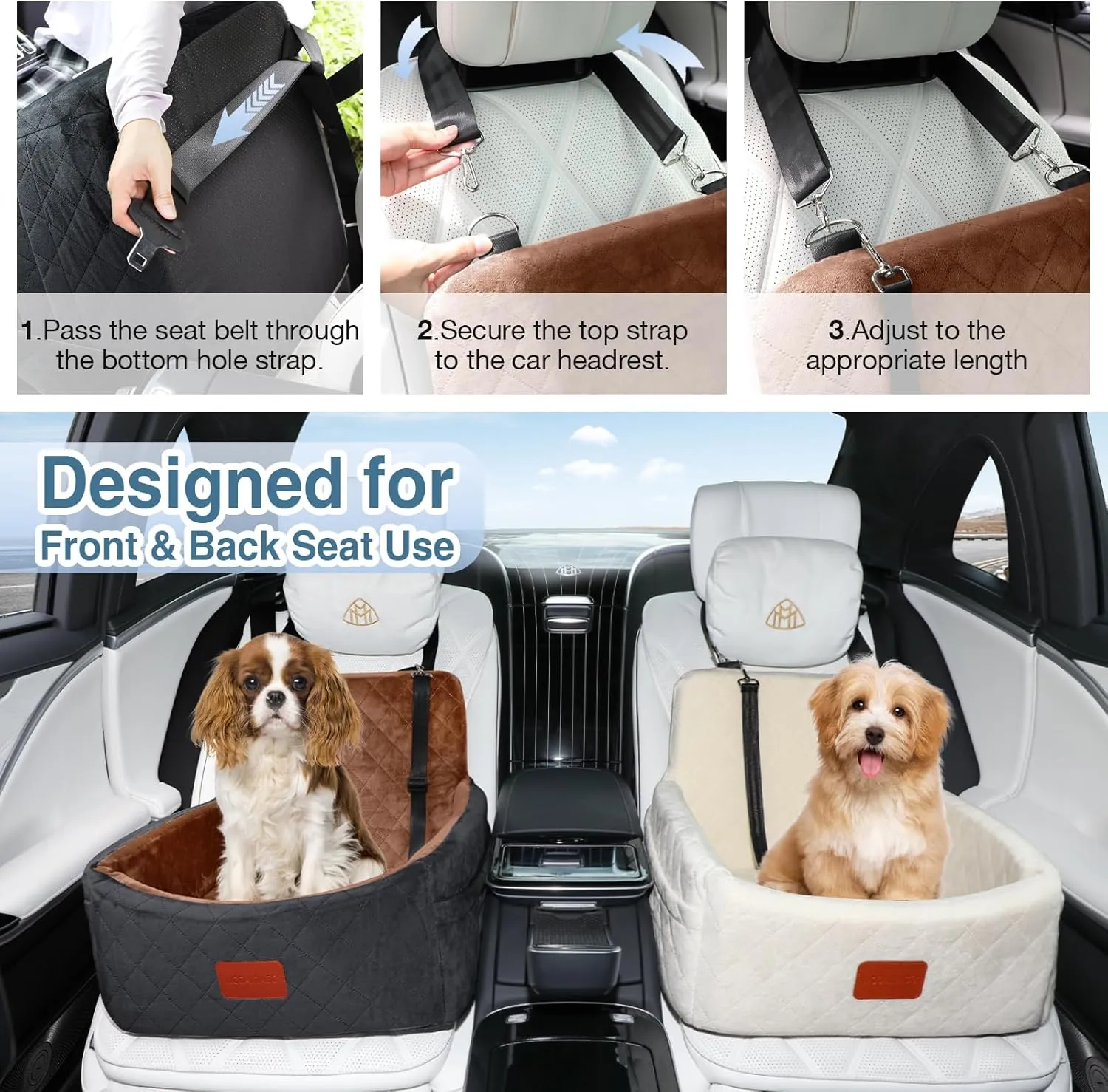 Dog Car Seat for Small Dogs, Ultra Soft Fabric & Memory Foam Pet Travel Bed, Washable & Detachable, Anti-Slip Bottom, 2 Storage Pockets, Safety Tether (Black/Brown)