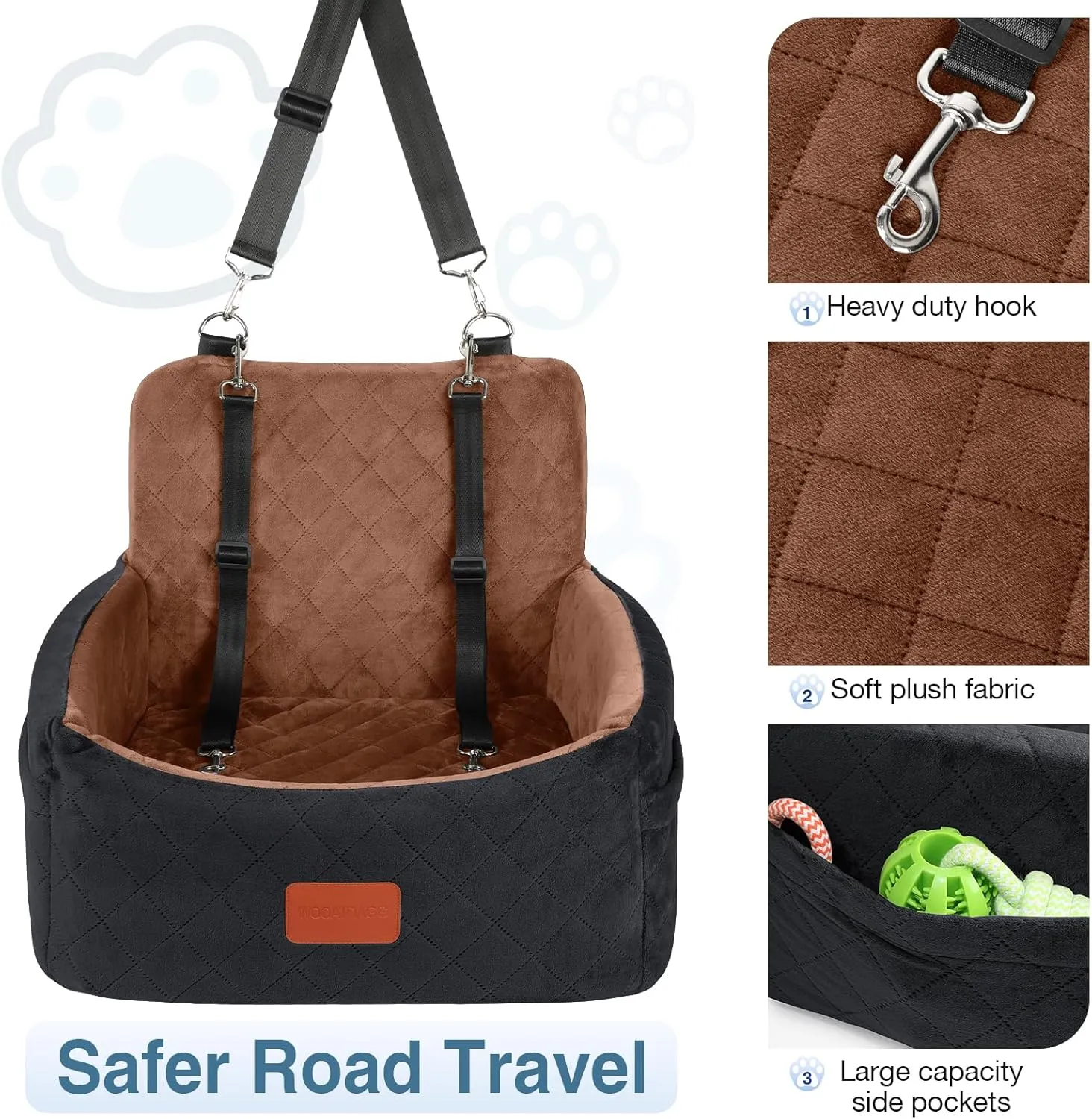 Dog Car Seat for Small Dogs, Ultra Soft Fabric & Memory Foam Pet Travel Bed, Washable & Detachable, Anti-Slip Bottom, 2 Storage Pockets, Safety Tether (Black/Brown)