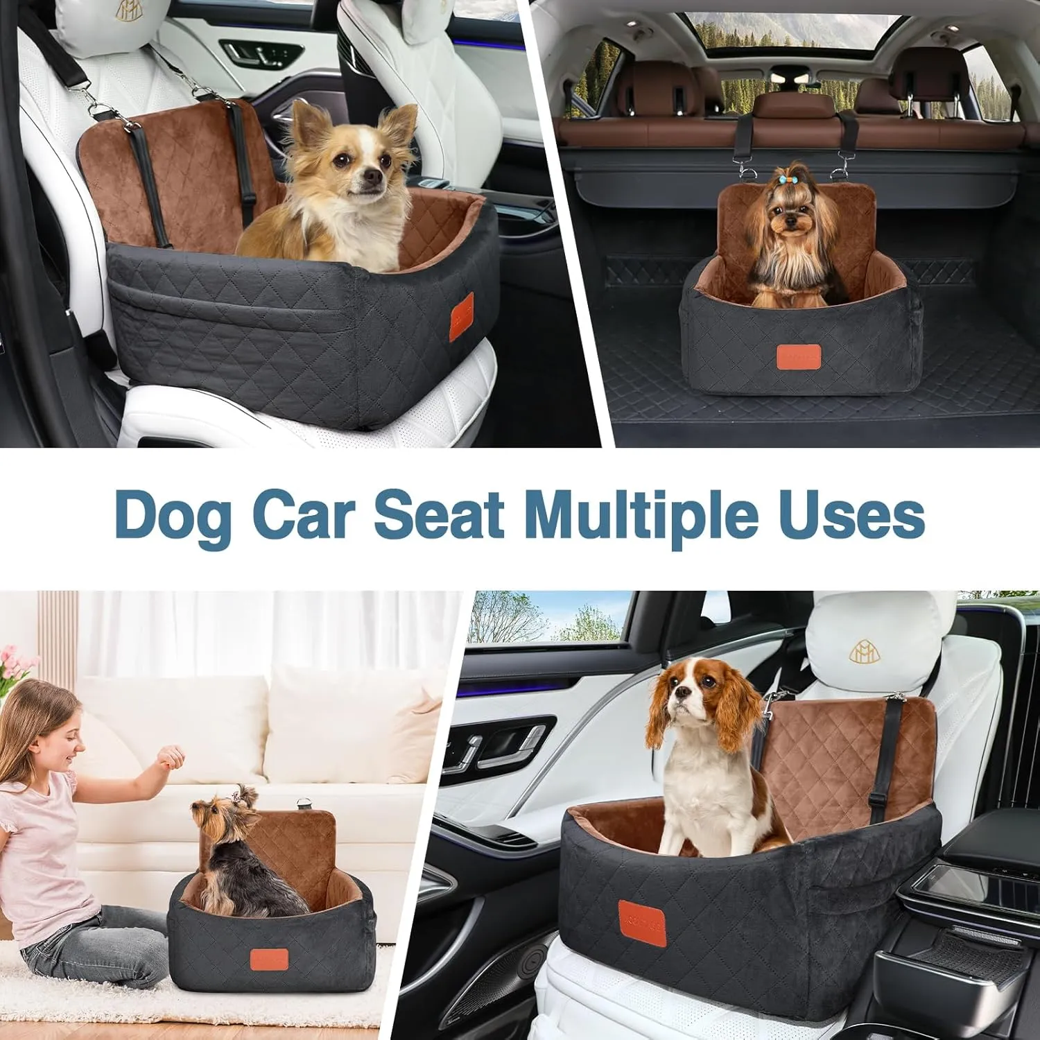 Dog Car Seat for Small Dogs, Ultra Soft Fabric & Memory Foam Pet Travel Bed, Washable & Detachable, Anti-Slip Bottom, 2 Storage Pockets, Safety Tether (Black/Brown)