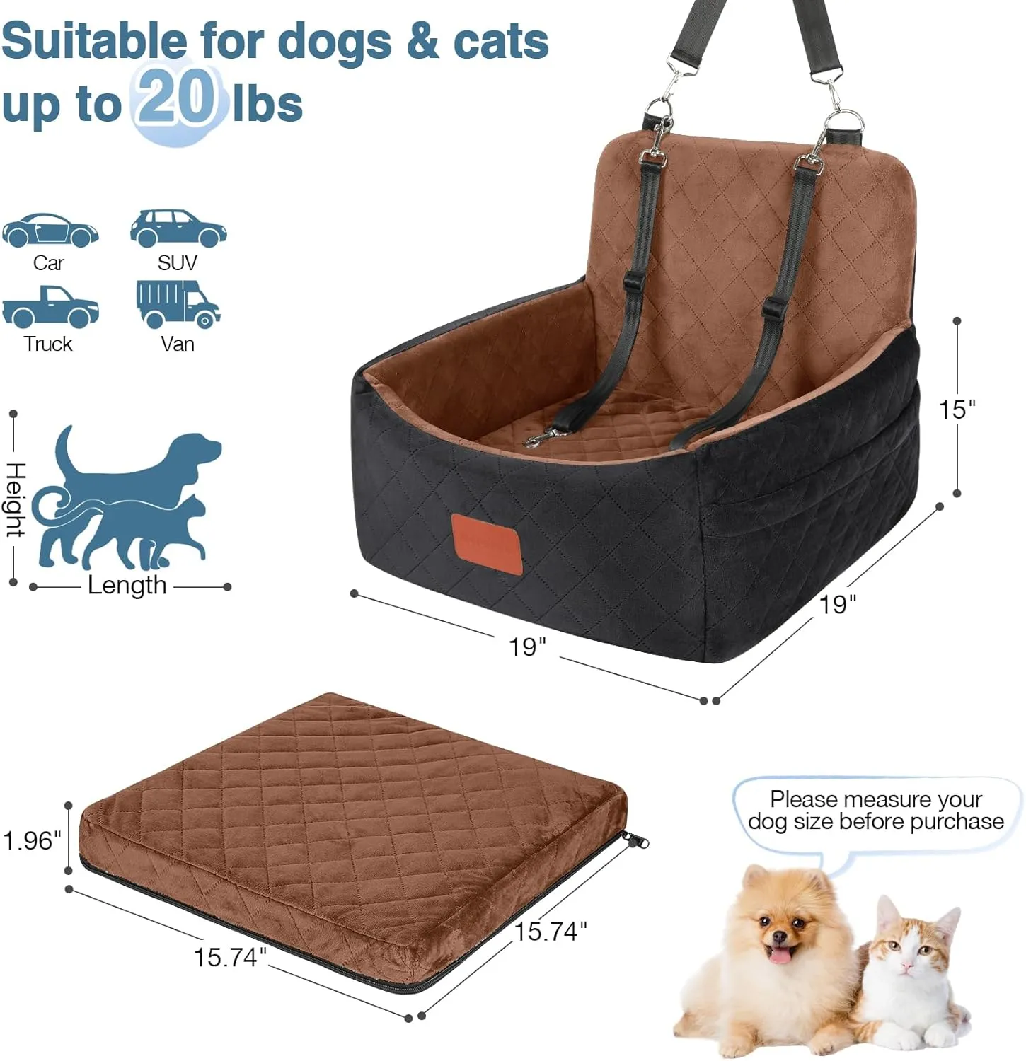 Dog Car Seat for Small Dogs, Ultra Soft Fabric & Memory Foam Pet Travel Bed, Washable & Detachable, Anti-Slip Bottom, 2 Storage Pockets, Safety Tether (Black/Brown)