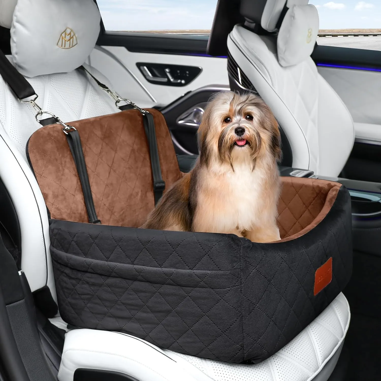 Dog Car Seat for Small Dogs, Ultra Soft Fabric & Memory Foam Pet Travel Bed, Washable & Detachable, Anti-Slip Bottom, 2 Storage Pockets, Safety Tether (Black/Brown)