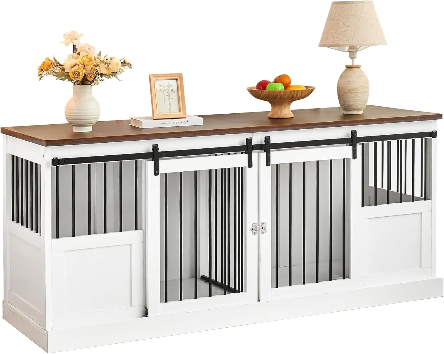 Dog Crate Furniture Double Dog Kennel Furniture 71 inch Heavy Duty Dog Kennel Wooden Dog Cage with Removable Divider and 2 Sliding Doors for 2 Large Medium Small Dogs White