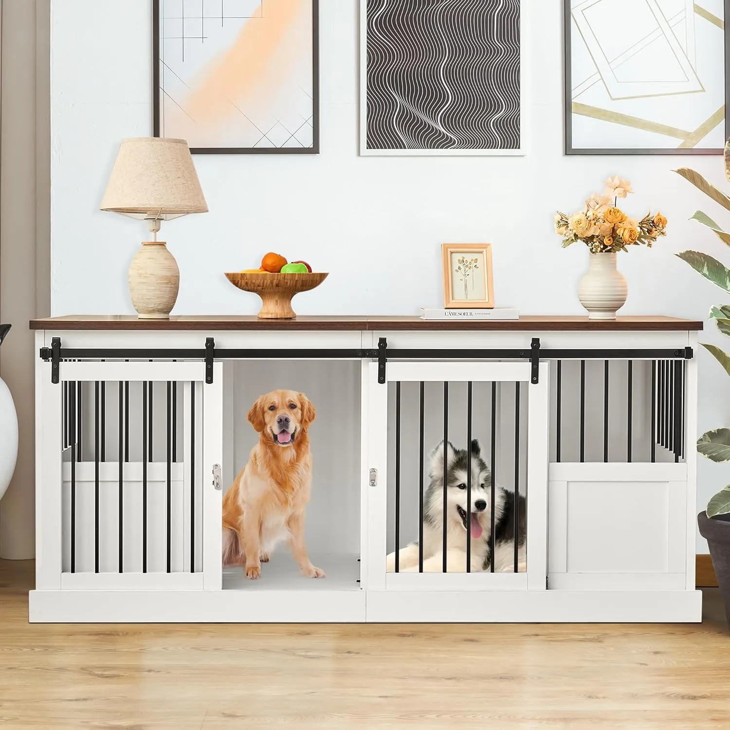 Dog Crate Furniture Double Dog Kennel Furniture 71 inch Heavy Duty Dog Kennel Wooden Dog Cage with Removable Divider and 2 Sliding Doors for 2 Large Medium Small Dogs White