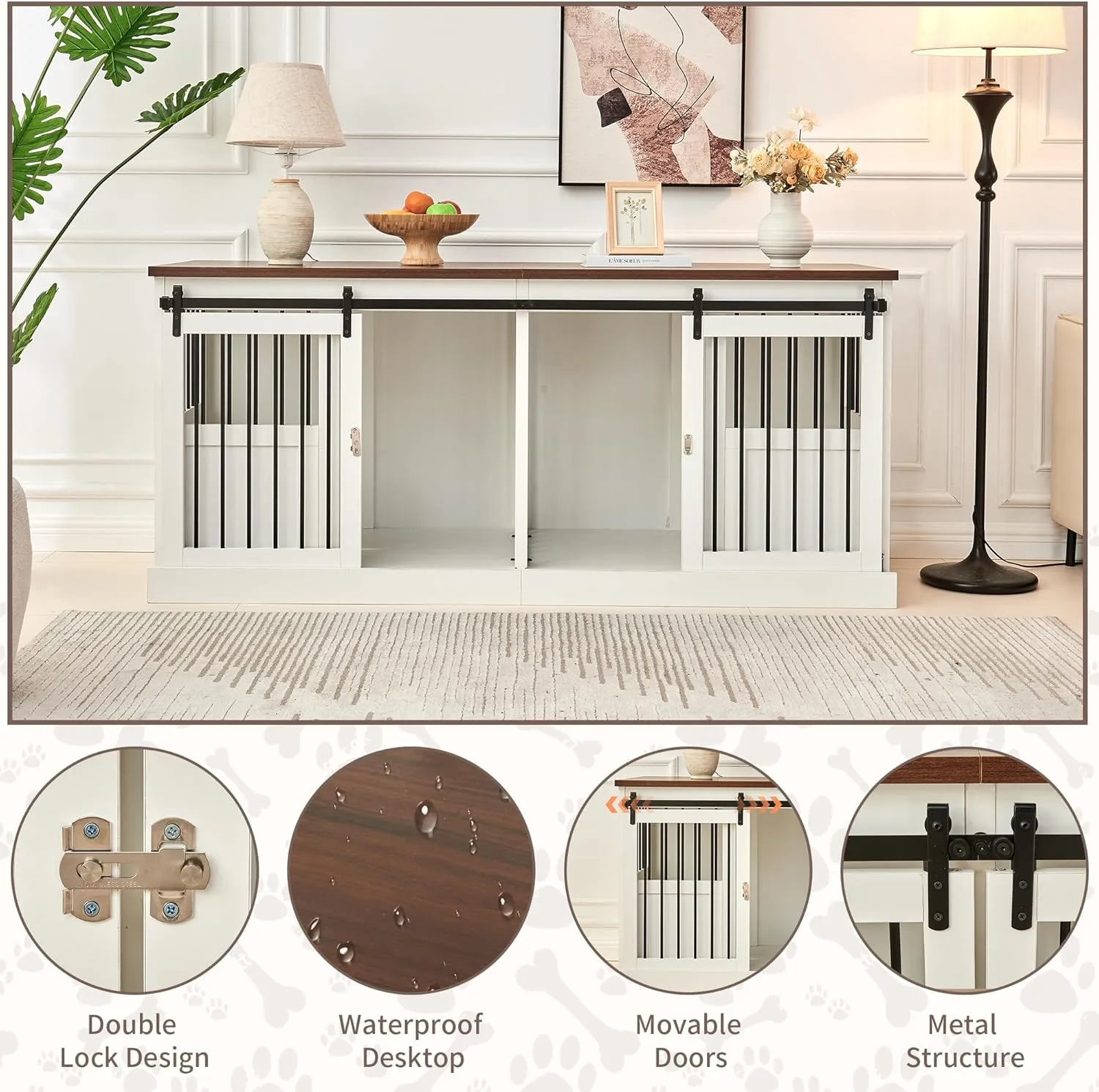 Dog Crate Furniture Double Dog Kennel Furniture 71 inch Heavy Duty Dog Kennel Wooden Dog Cage with Removable Divider and 2 Sliding Doors for 2 Large Medium Small Dogs White