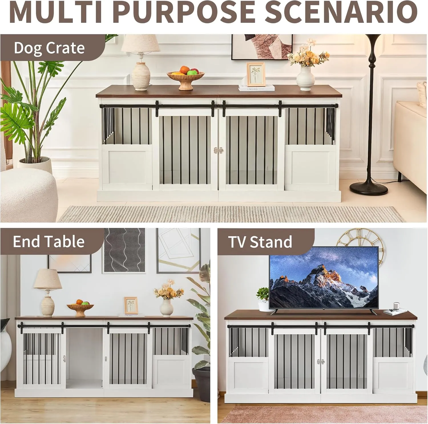 Dog Crate Furniture Double Dog Kennel Furniture 71 inch Heavy Duty Dog Kennel Wooden Dog Cage with Removable Divider and 2 Sliding Doors for 2 Large Medium Small Dogs White