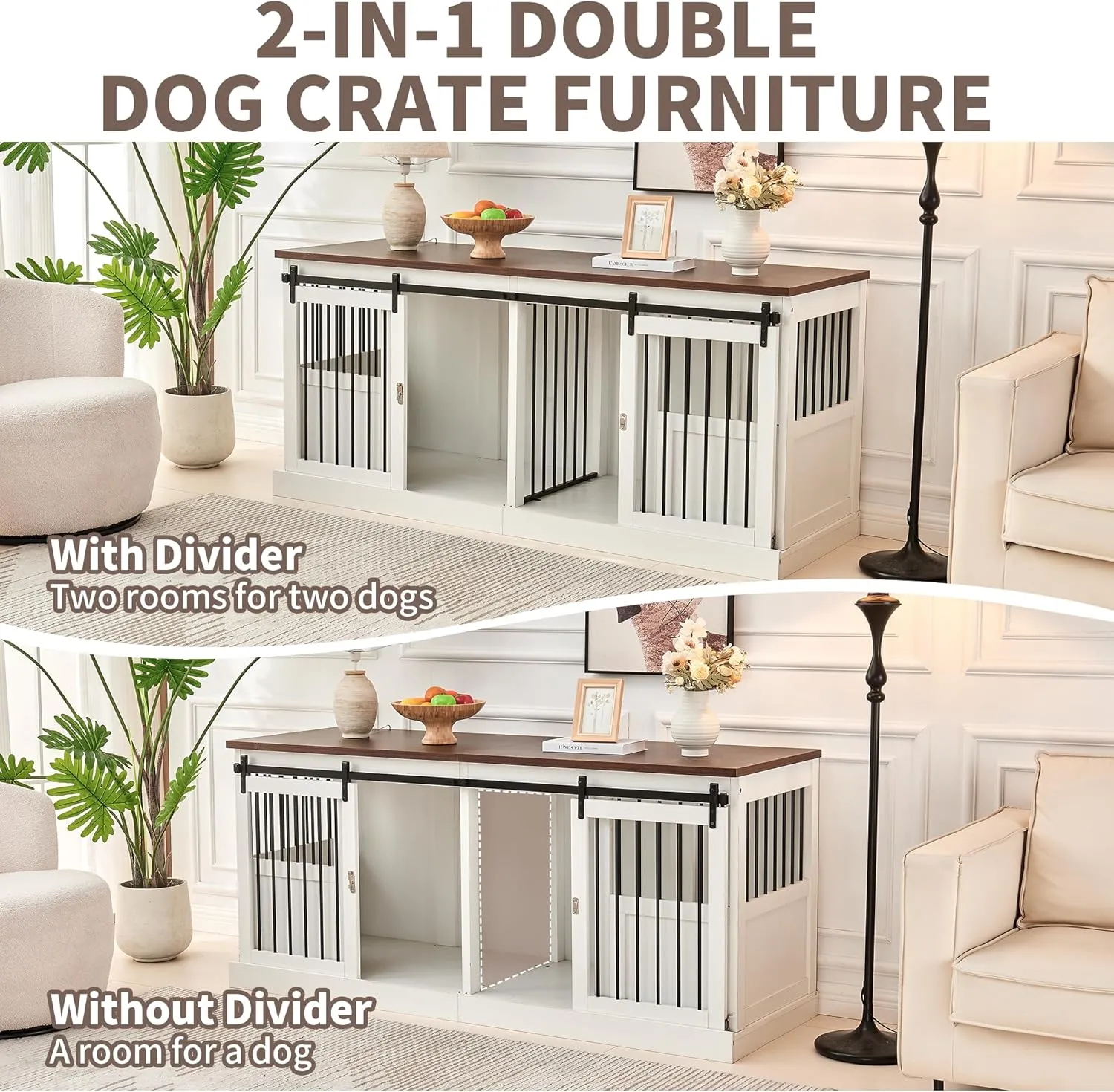 Dog Crate Furniture Double Dog Kennel Furniture 71 inch Heavy Duty Dog Kennel Wooden Dog Cage with Removable Divider and 2 Sliding Doors for 2 Large Medium Small Dogs White