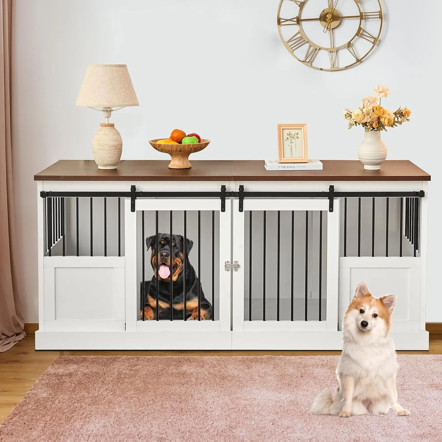 Dog Crate Furniture Double Dog Kennel Furniture 71 inch Heavy Duty Dog Kennel Wooden Dog Cage with Removable Divider and 2 Sliding Doors for 2 Large Medium Small Dogs White