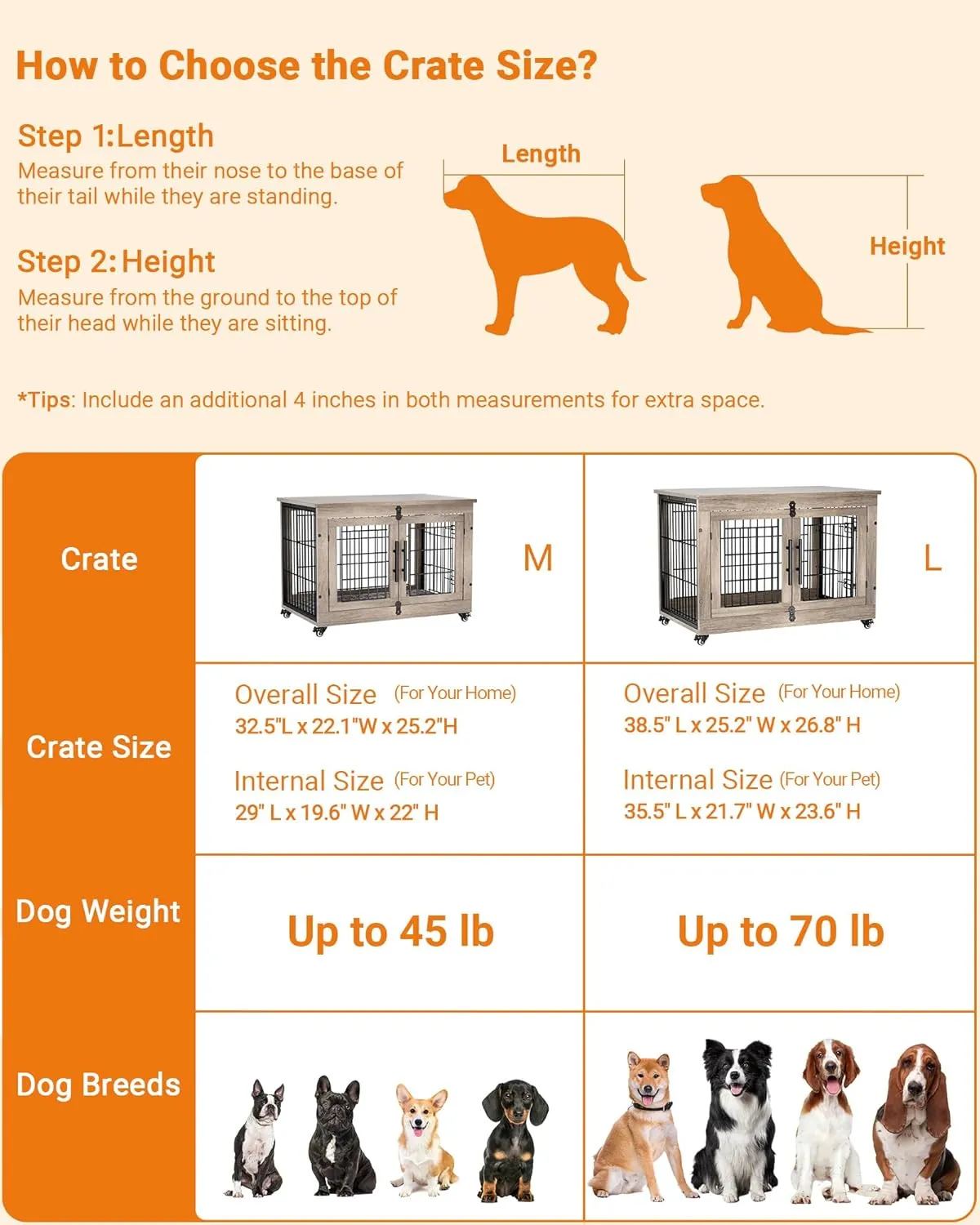 Dog Crate Furniture with Cushion, Wooden Dog Kennel with Double Doors, Heavy Duty Dog Cage End Table with Wheels, Dog House Indoor for Small Medium Dogs up to 45 lb, 32.5 L, Grey