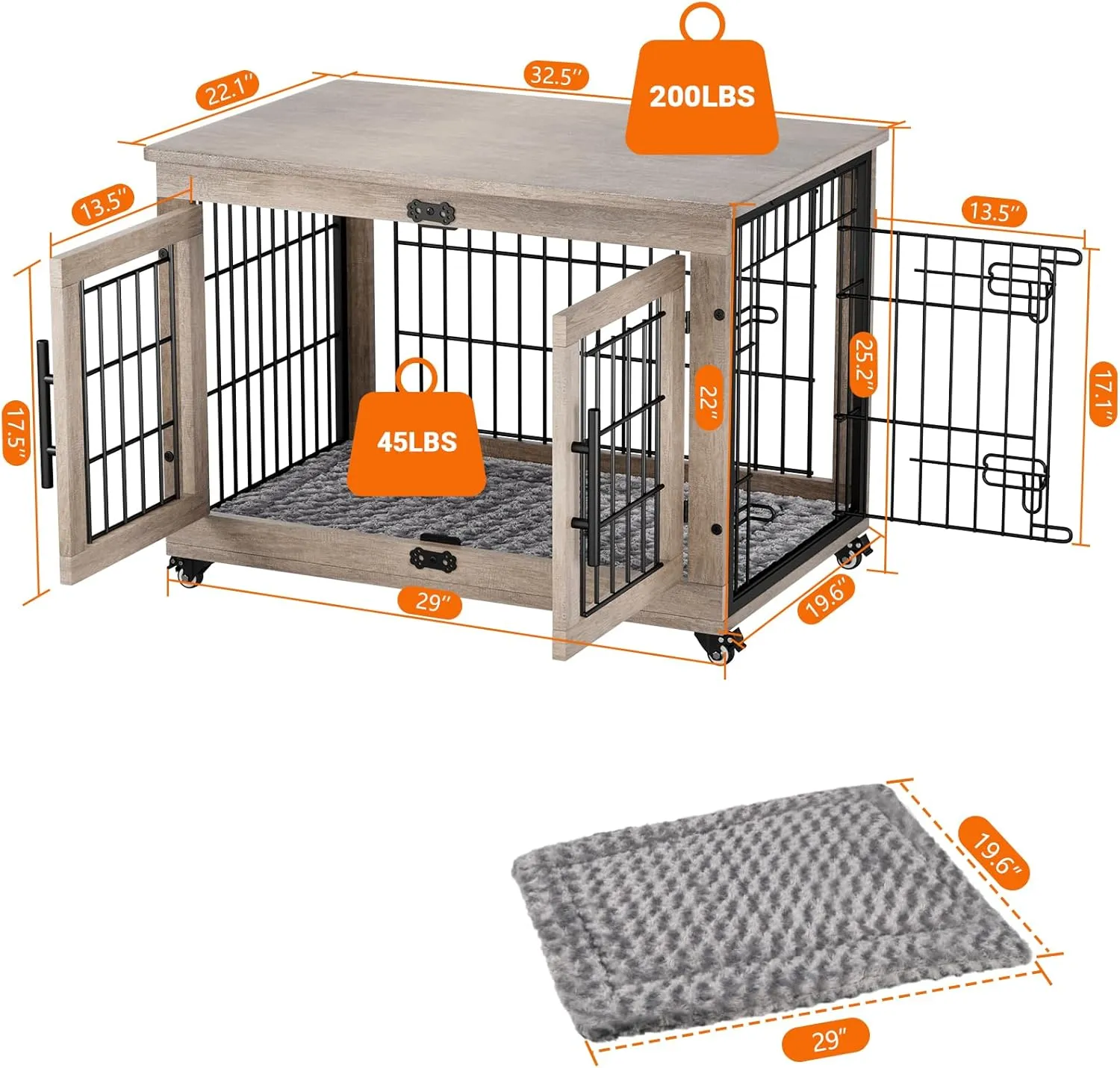 Dog Crate Furniture with Cushion, Wooden Dog Kennel with Double Doors, Heavy Duty Dog Cage End Table with Wheels, Dog House Indoor for Small Medium Dogs up to 45 lb, 32.5 L, Grey