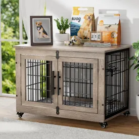 Dog Crate Furniture with Cushion, Wooden Dog Kennel with Double Doors, Heavy Duty Dog Cage End Table with Wheels, Dog House Indoor for Small Medium Dogs up to 45 lb, 32.5 L, Grey