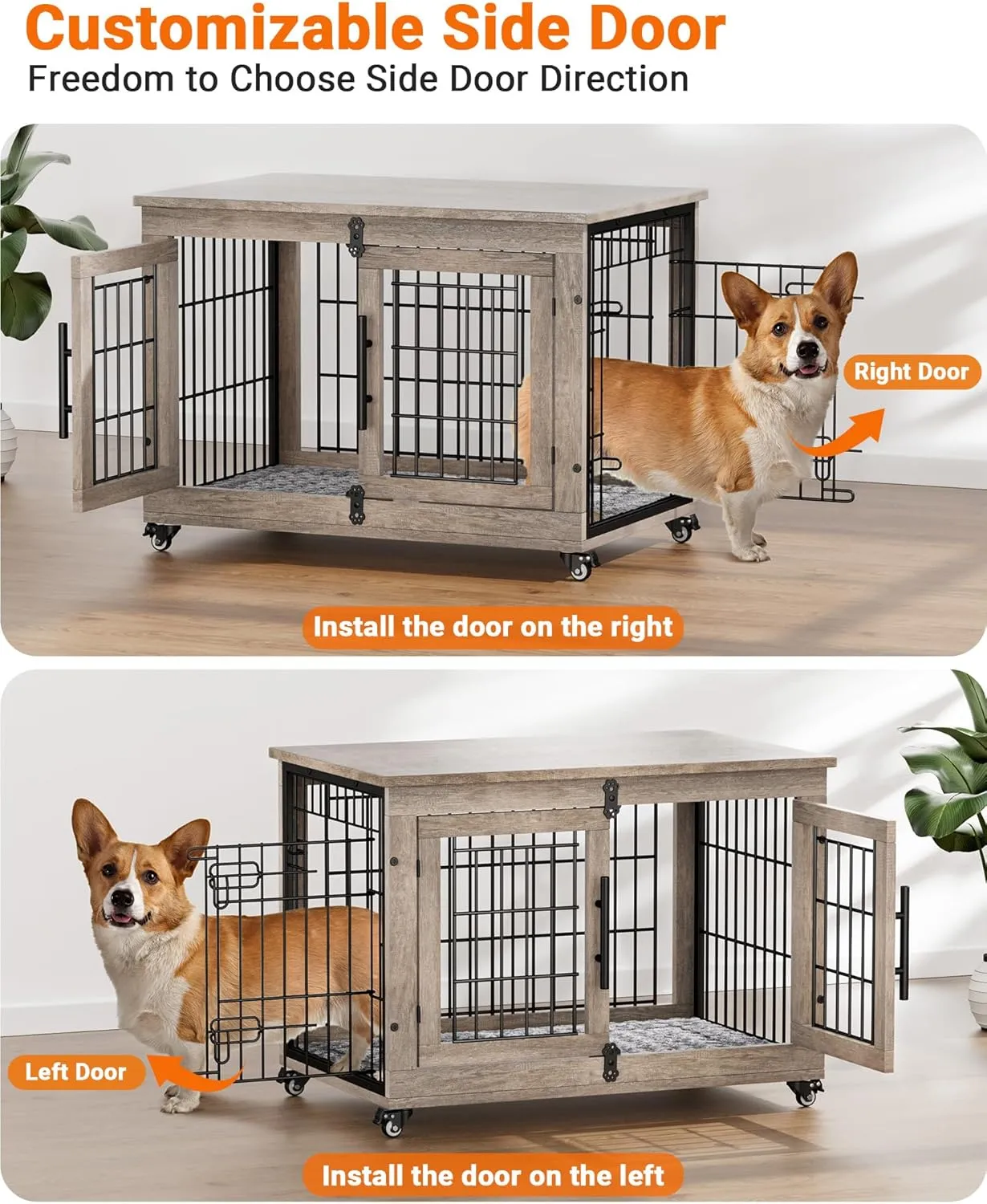 Dog Crate Furniture with Cushion, Wooden Dog Kennel with Double Doors, Heavy Duty Dog Cage End Table with Wheels, Dog House Indoor for Small Medium Dogs up to 45 lb, 32.5 L, Grey