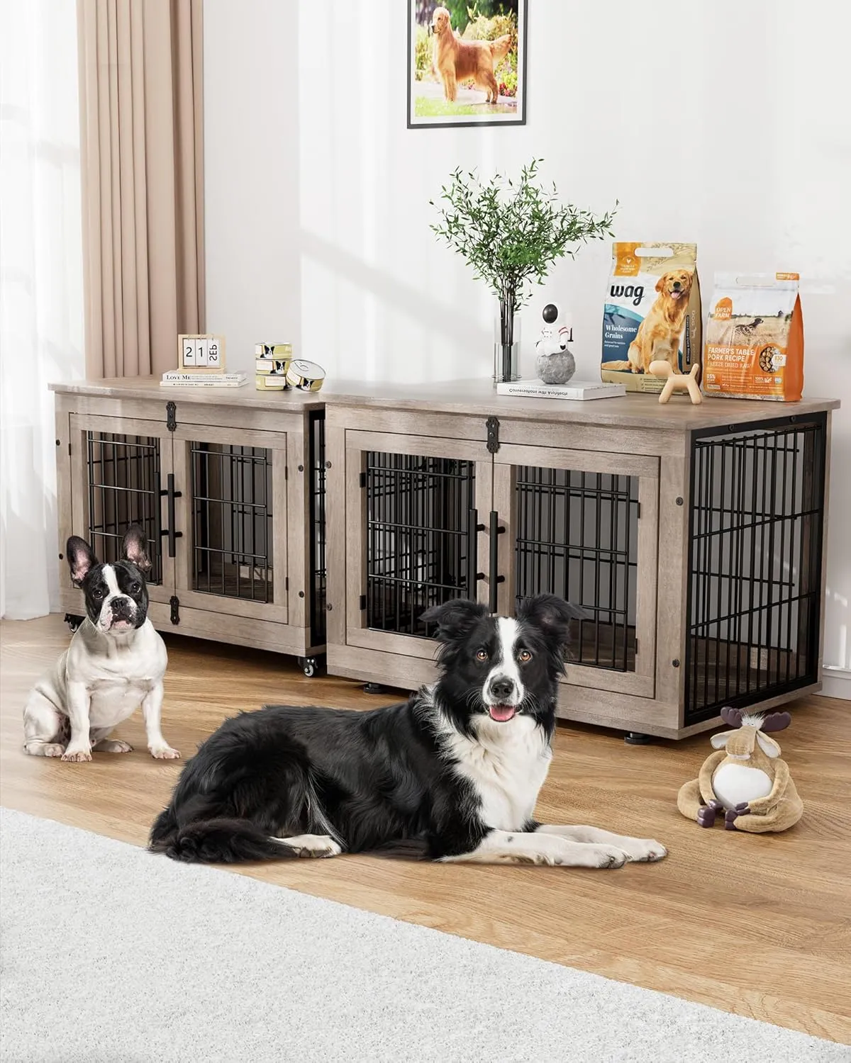 Dog Crate Furniture with Cushion, Wooden Dog Kennel with Double Doors, Heavy Duty Dog Cage End Table with Wheels, Dog House Indoor for Small Medium Dogs up to 45 lb, 32.5 L, Grey
