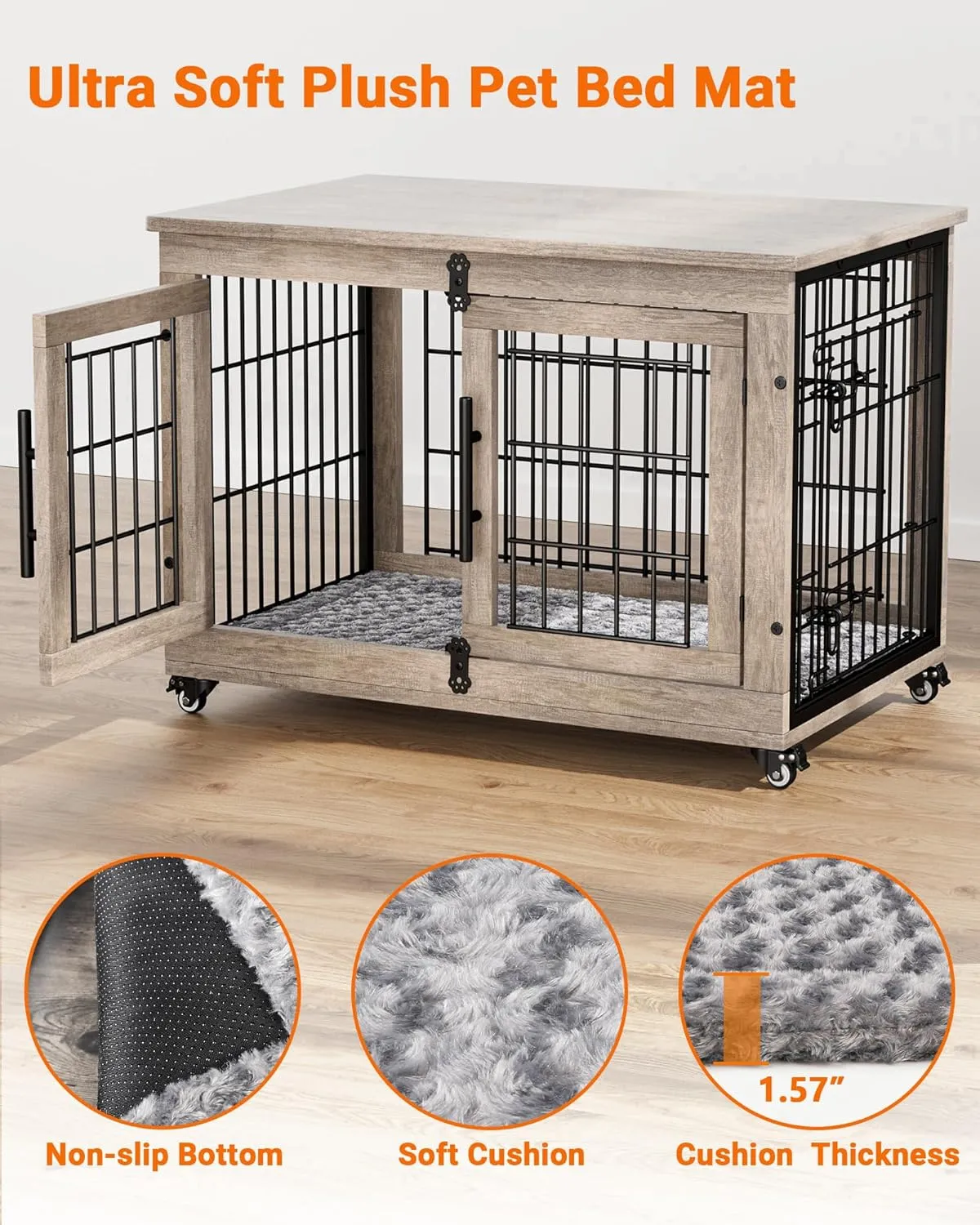 Dog Crate Furniture with Cushion, Wooden Dog Kennel with Double Doors, Heavy Duty Dog Cage End Table with Wheels, Dog House Indoor for Small Medium Dogs up to 45 lb, 32.5 L, Grey