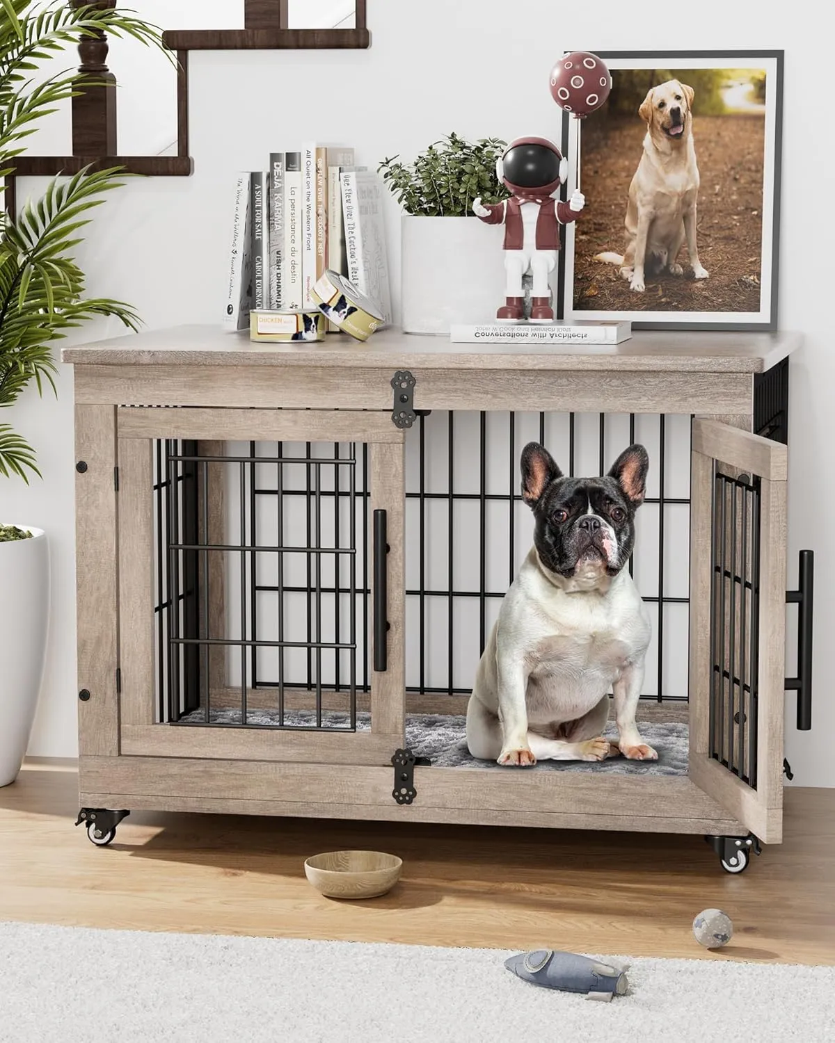 Dog Crate Furniture with Cushion, Wooden Dog Kennel with Double Doors, Heavy Duty Dog Cage End Table with Wheels, Dog House Indoor for Small Medium Dogs up to 45 lb, 32.5 L, Grey