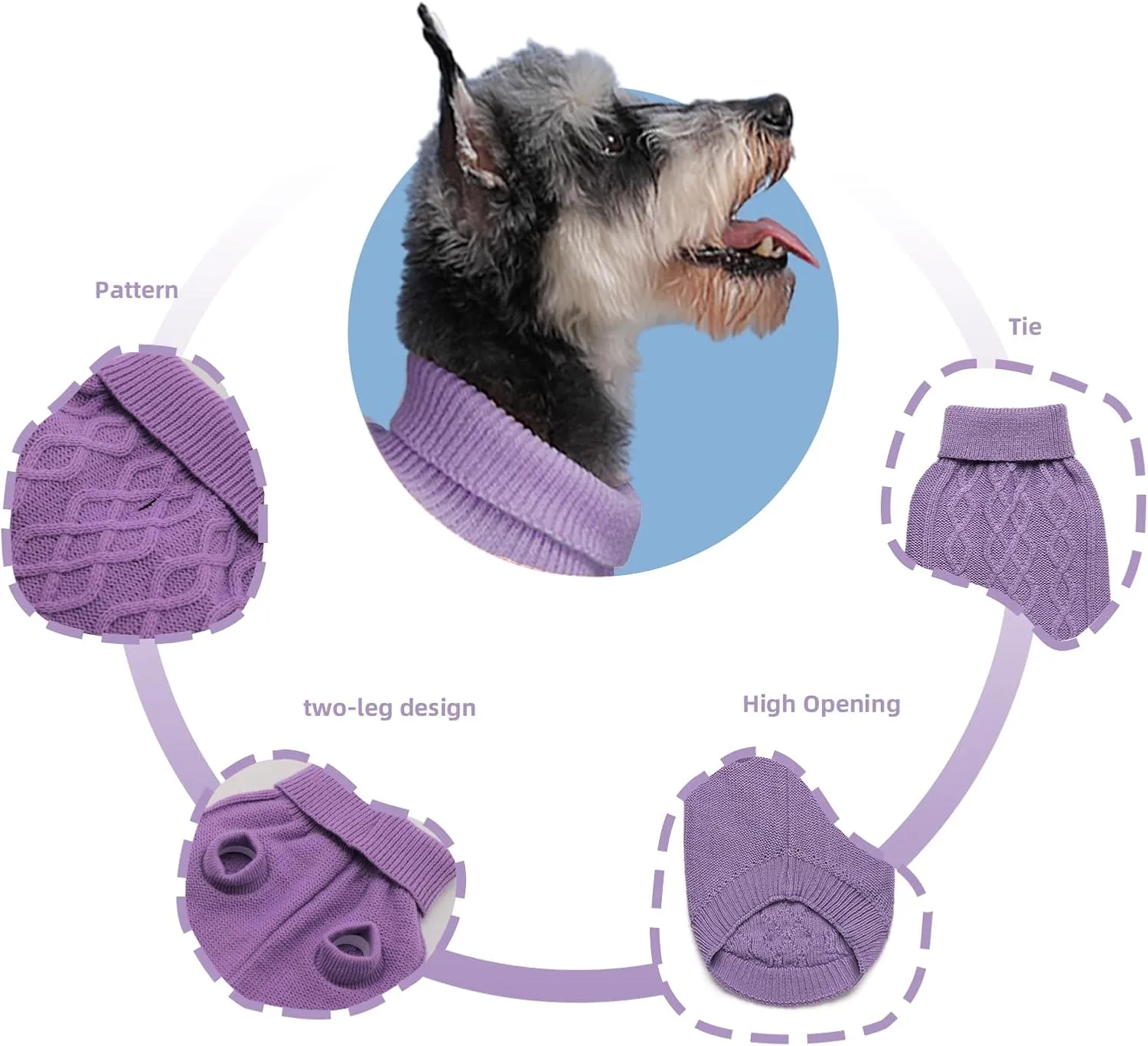 Dog Pullover Sweater, Cable Knitwear, Classic Turtleneck Warm and Soft Clothes for Chihuahua, Bulldog, Dachshund, Pug, Yorkie,Dog Outfits for Small Dogs Medium Dogs, (Purple M)