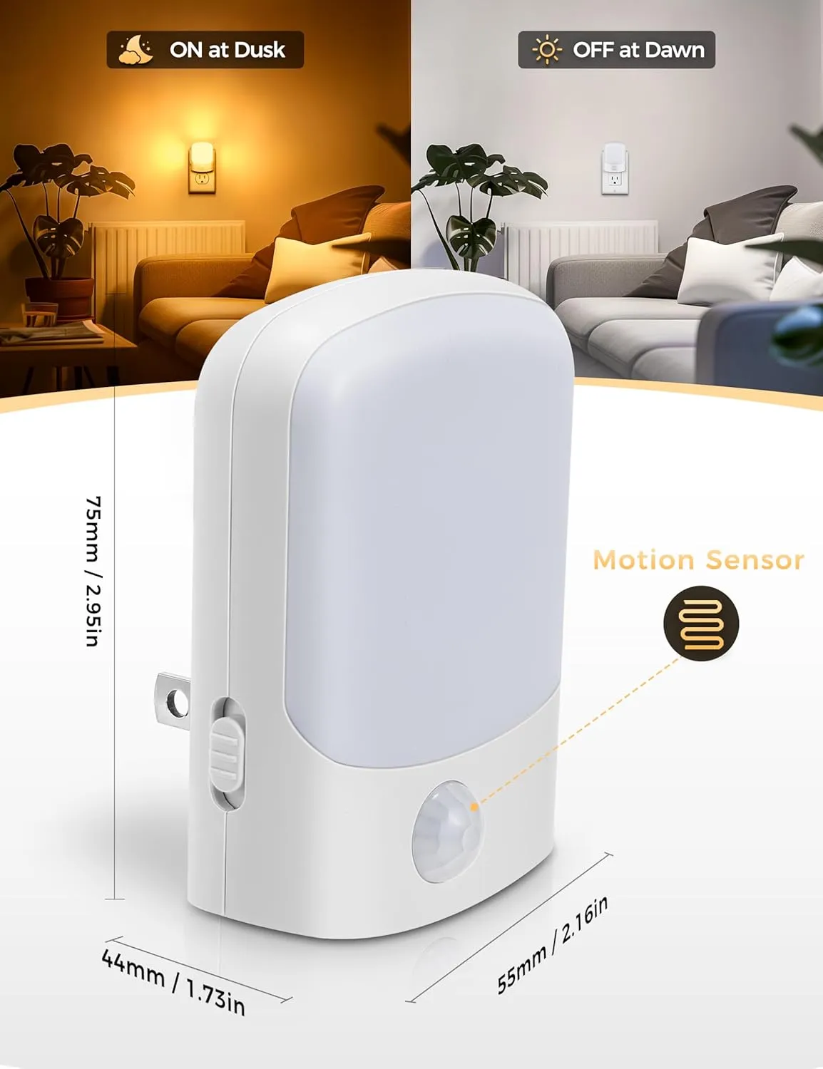 DORESshop Night Light Plug into Wall, Motion Sensor Night Light, Amber Yellow Night Lights, 2Pack, Dimmable Night Light 30/60/100LM, 1W Dusk to Dawn Night Light for Bedroom, Kids Room, Bathroom