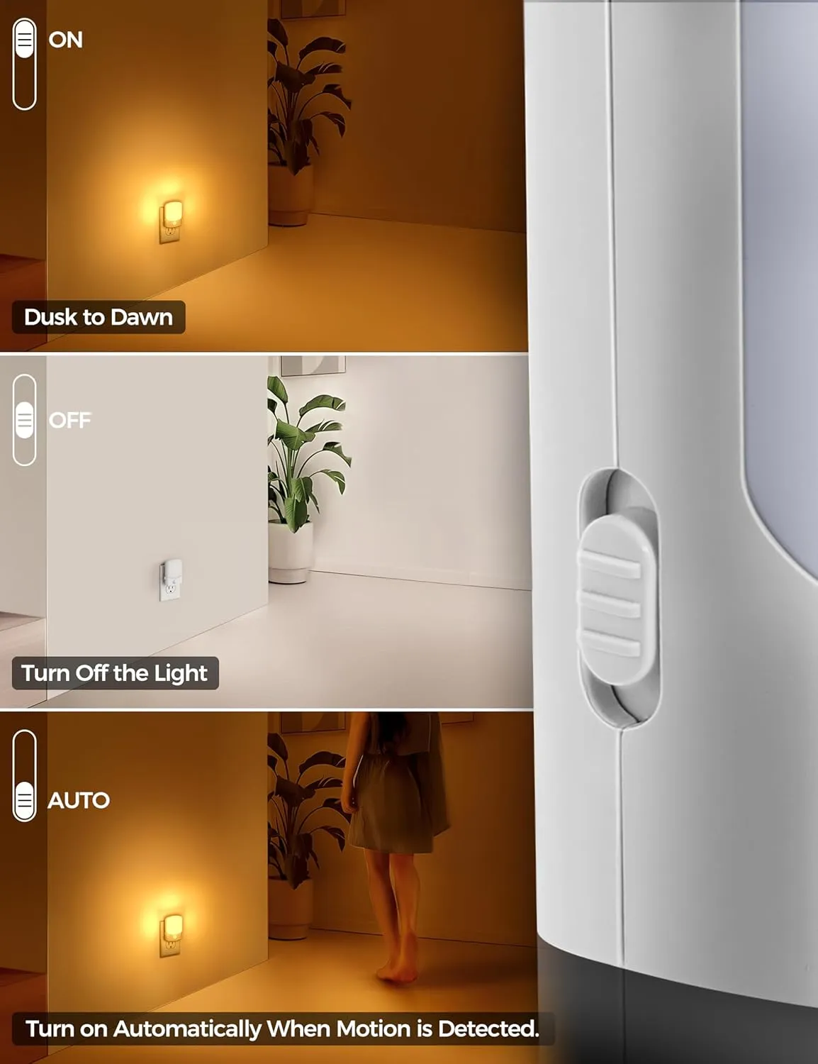 DORESshop Night Light Plug into Wall, Motion Sensor Night Light, Amber Yellow Night Lights, 2Pack, Dimmable Night Light 30/60/100LM, 1W Dusk to Dawn Night Light for Bedroom, Kids Room, Bathroom