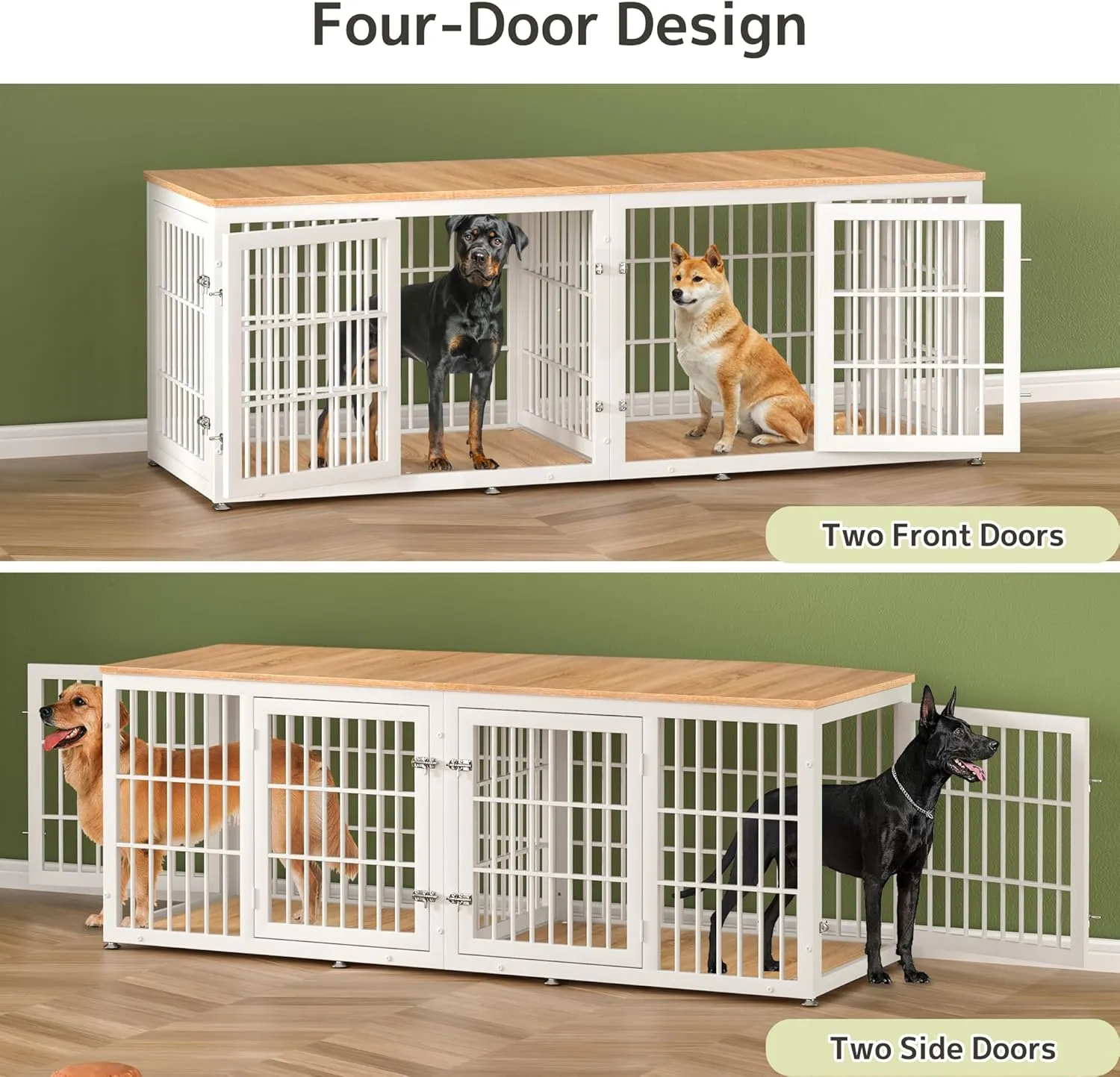 Double Dog Crate Furniture for 2 Dogs, 78 Inch Heavy Duty Extra Large Dog Cage with Divider, Wooden Metal Kennel Indoor, Indestructible Pet House for Large and Medium Dogs, White
