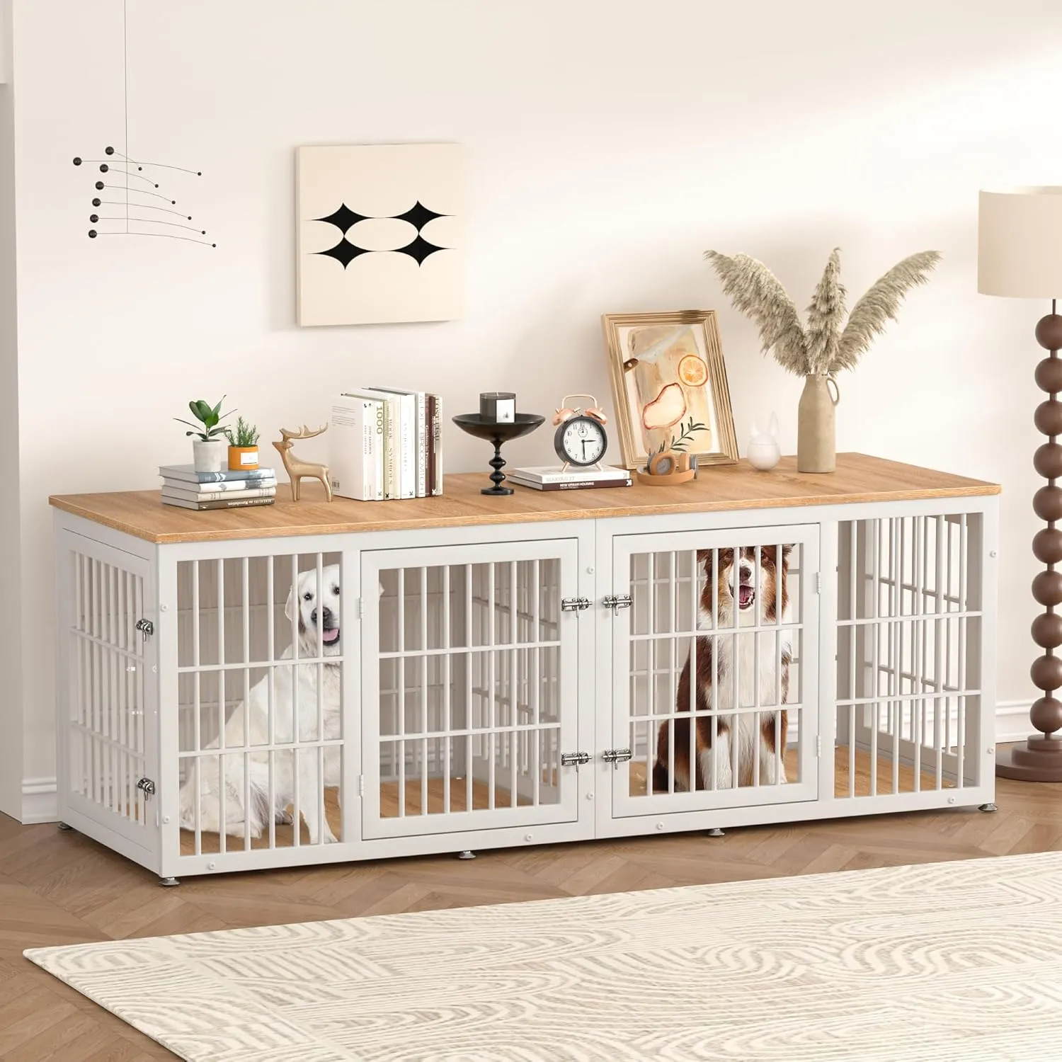 Double Dog Crate Furniture for 2 Dogs, 78 Inch Heavy Duty Extra Large Dog Cage with Divider, Wooden Metal Kennel Indoor, Indestructible Pet House for Large and Medium Dogs, White