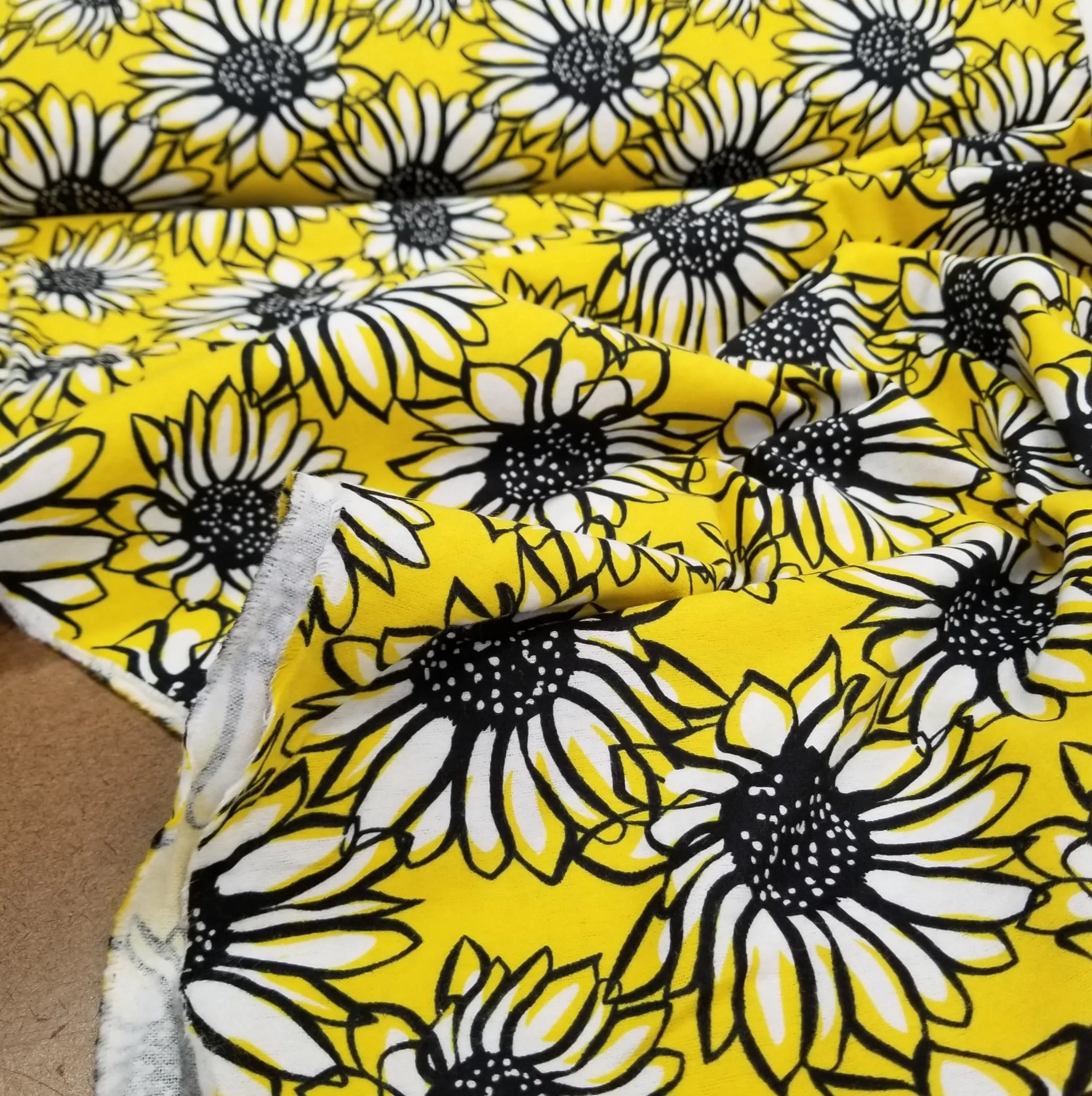End of BOlt: 1-3/4th yards of Deadstock Cotton Yellow Sunflowers Flannel  Woven- remnant