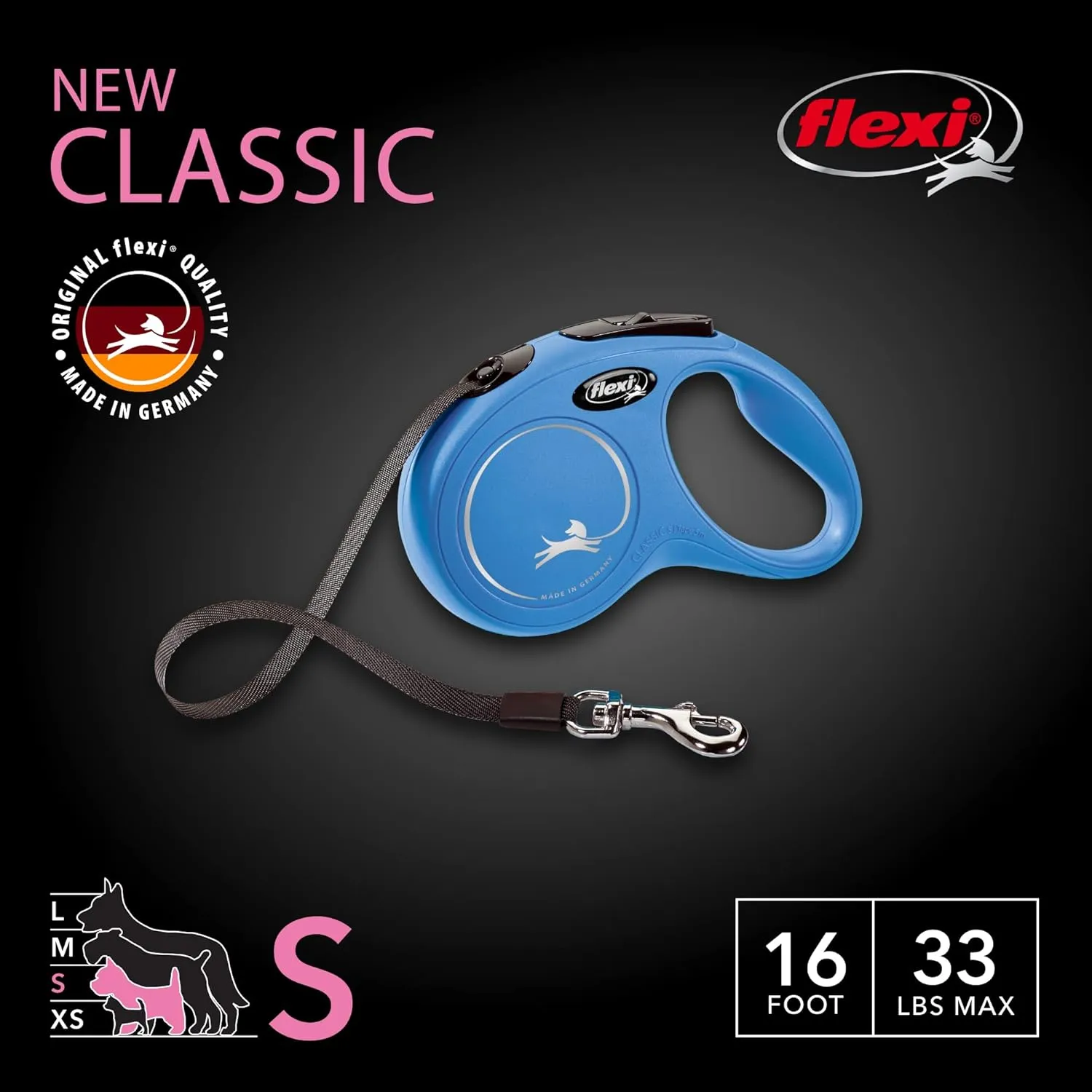 FLEXI New Classic Tape Retractable Dog Leash for Small Dogs Upto 33 lbs.  16 ft., Blue | Tangle Free Pet Walking Leash with One-Handed Brake, Pause, Lock|German Quality Product